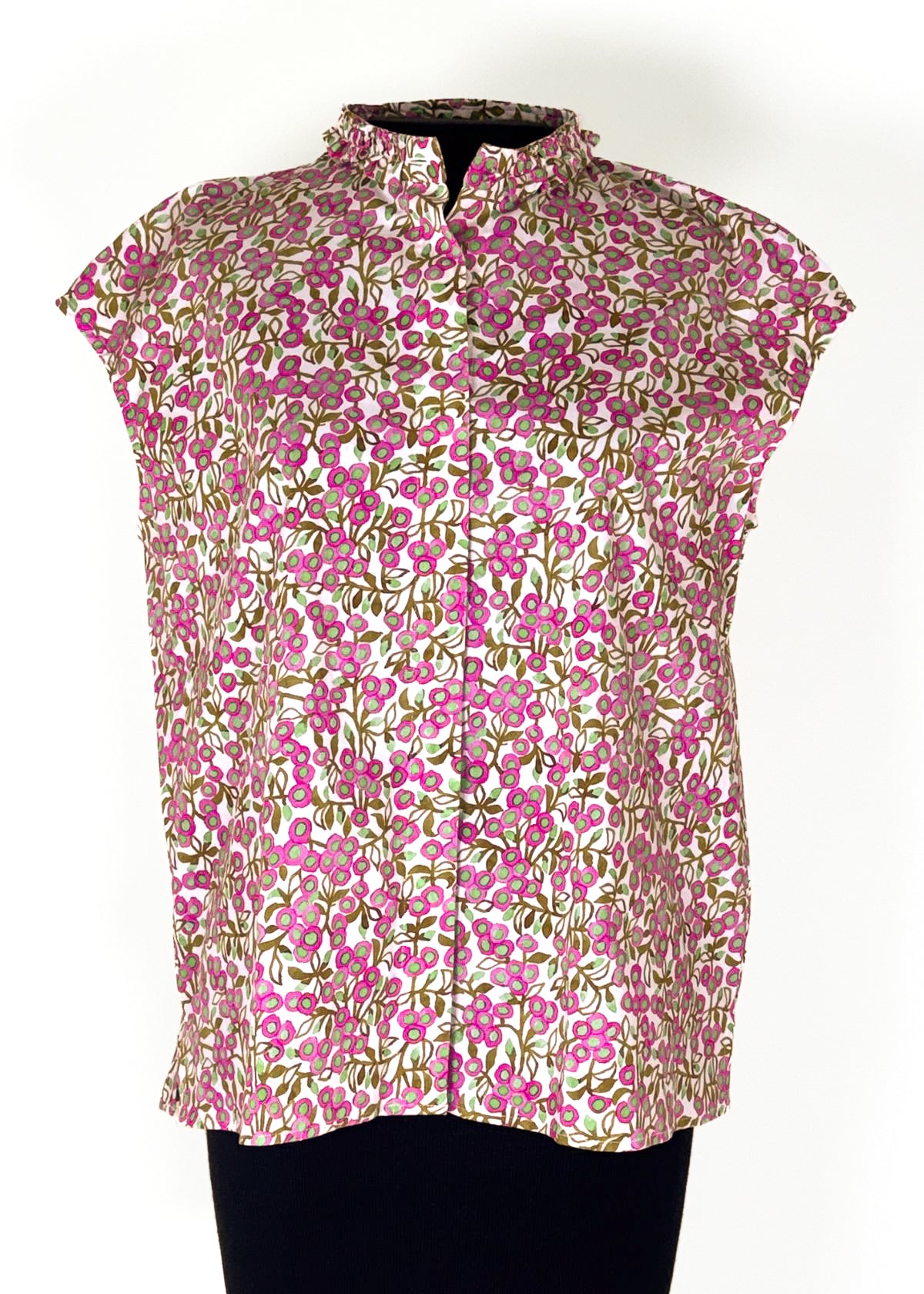 Caliban Cap Sleeve Ruffle Neck Blouse - Blossom