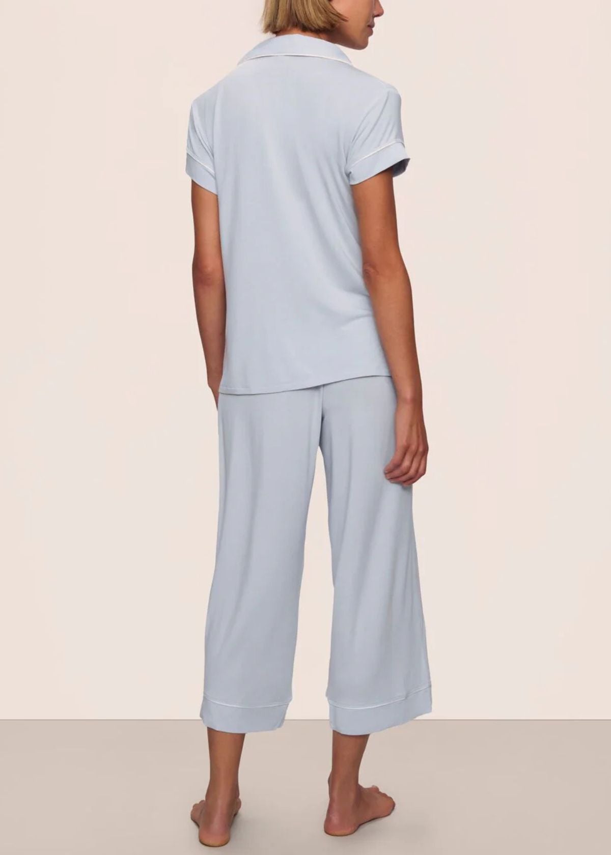 EBERJEY Gisele Short Sleeve Cropped Pajama Set - Ice Blue/Ivory