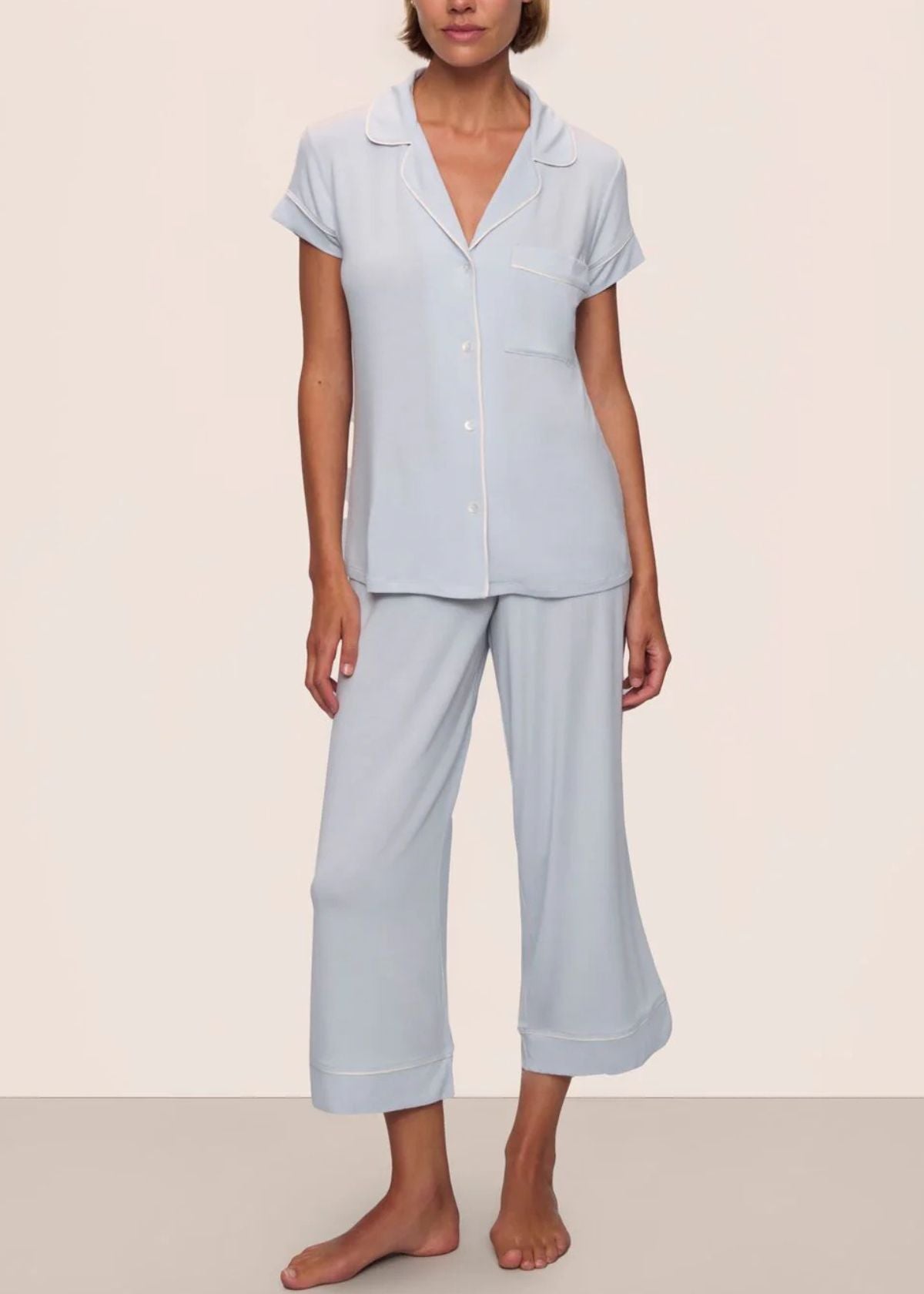 EBERJEY Gisele Short Sleeve Cropped Pajama Set - Ice Blue/Ivory