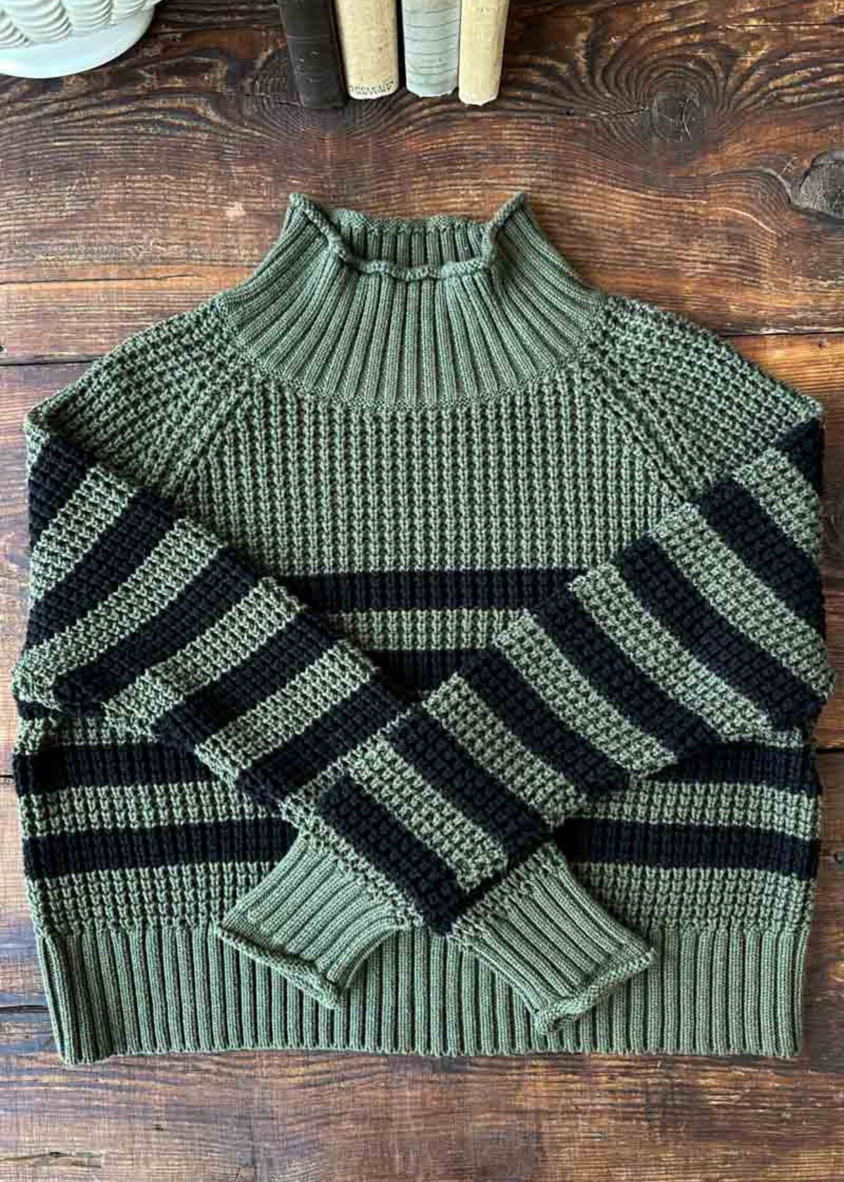 EMERSON FRY Boxy Funnel Neck Sweater - Army + Black Stripe