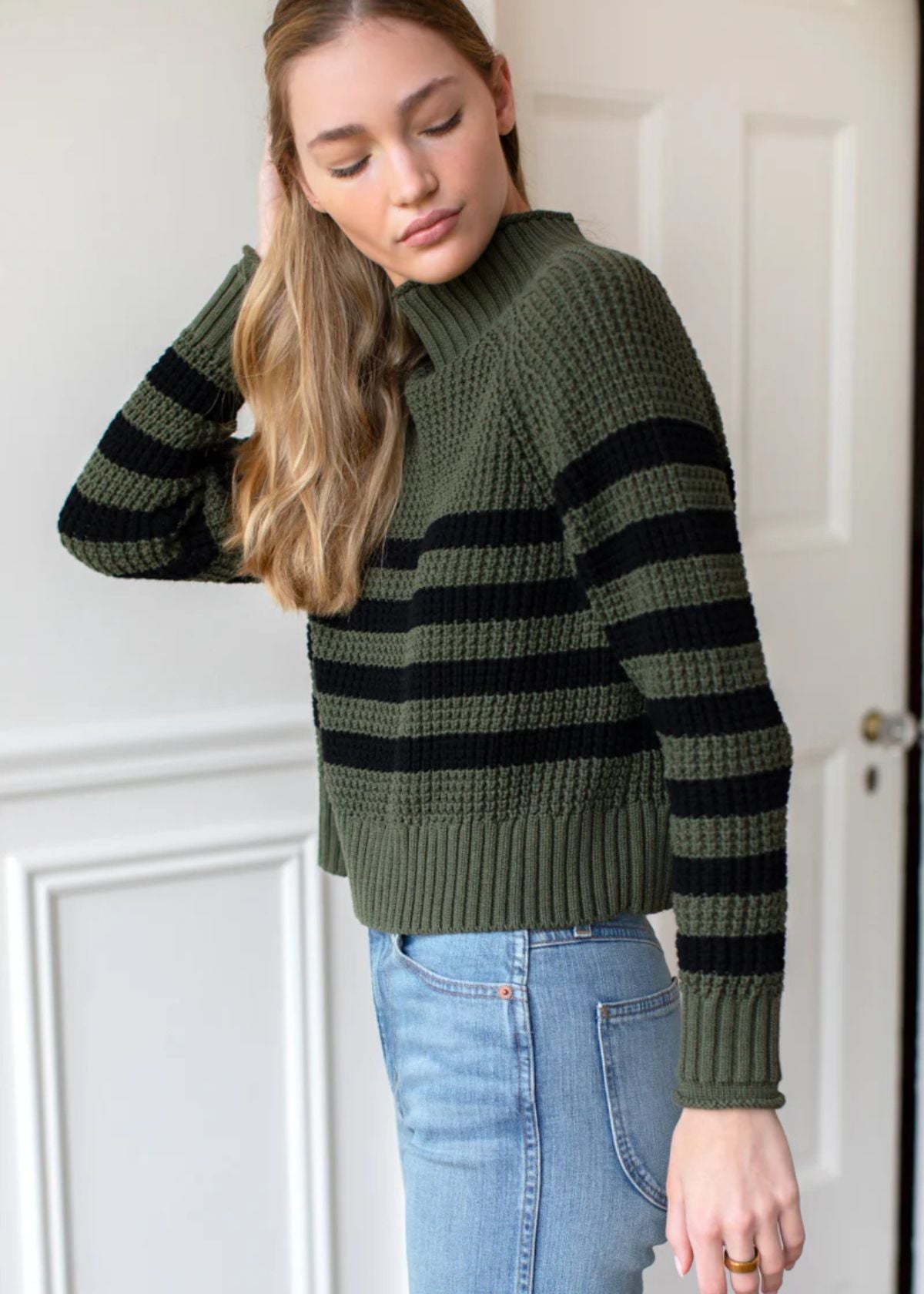 EMERSON FRY Boxy Funnel Neck Sweater - Army + Black Stripe