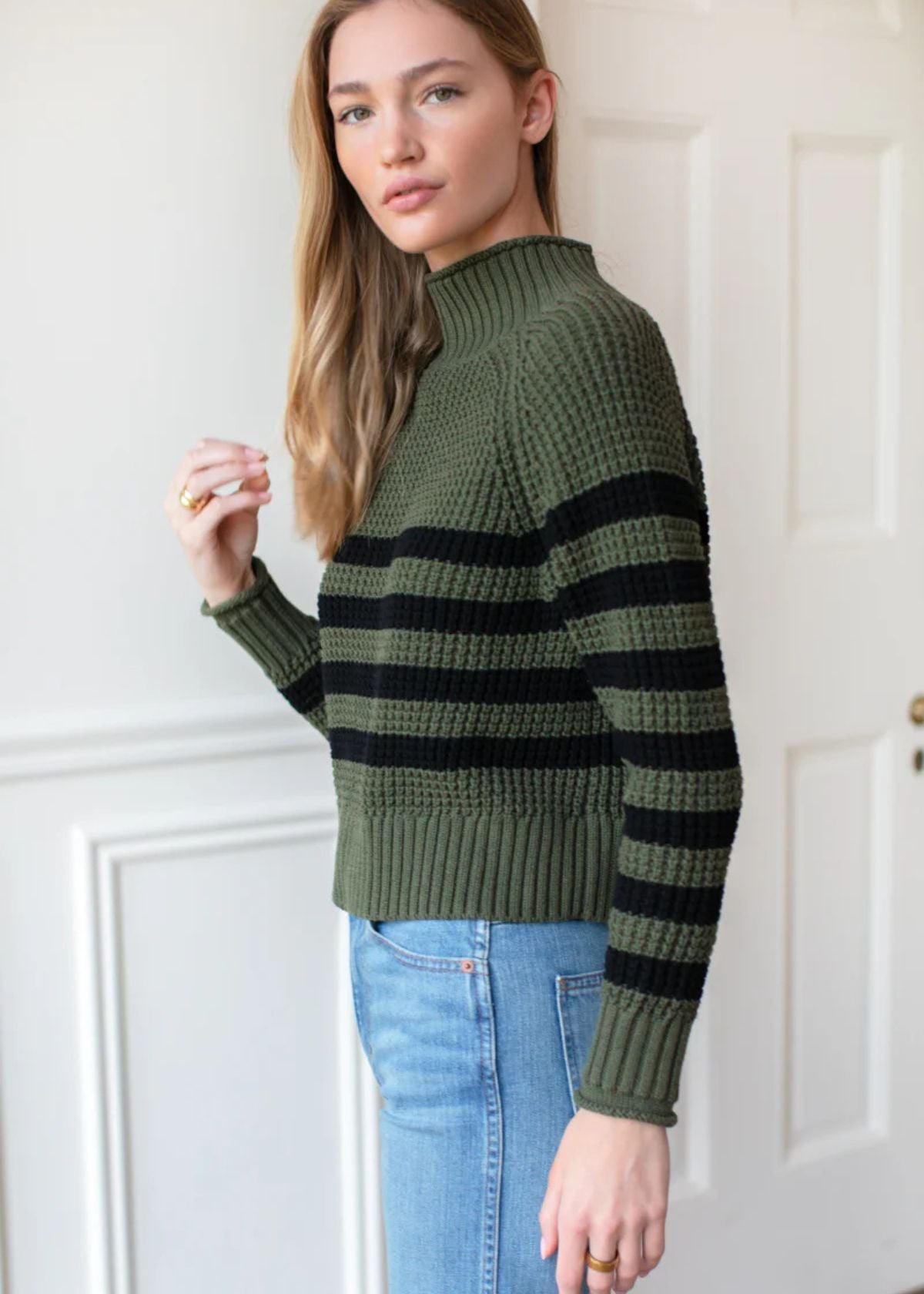 EMERSON FRY Boxy Funnel Neck Sweater - Army + Black Stripe