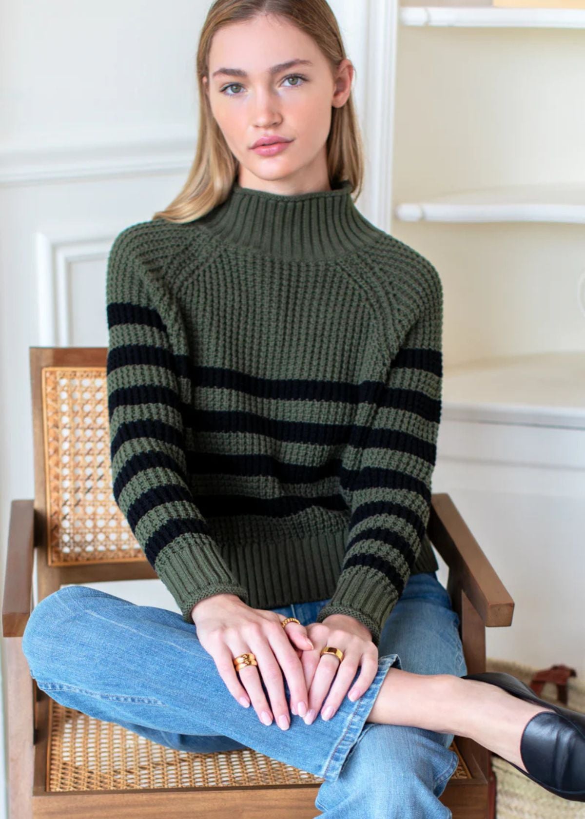 EMERSON FRY Boxy Funnel Neck Sweater - Army + Black Stripe