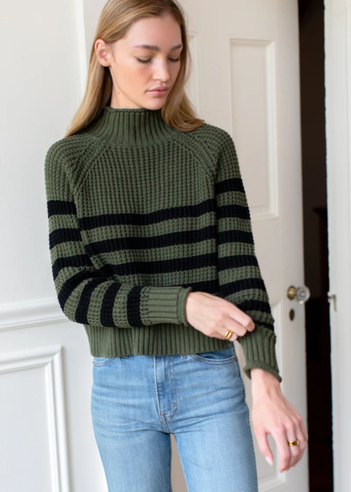 EMERSON FRY Boxy Funnel Neck Sweater - Army + Black Stripe