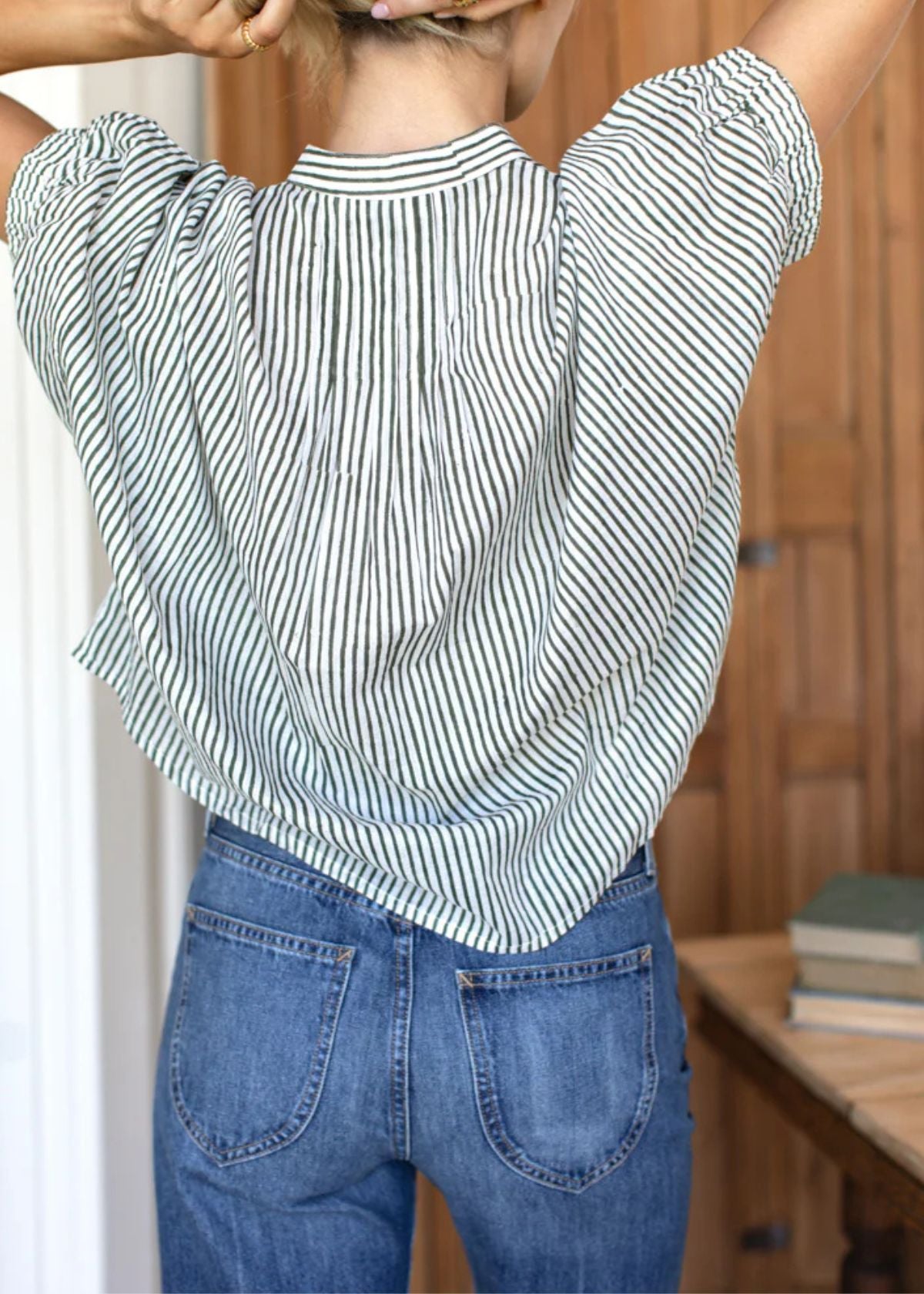 EMERSON FRY Mandarin Collar Top - Moss Stripe Organic