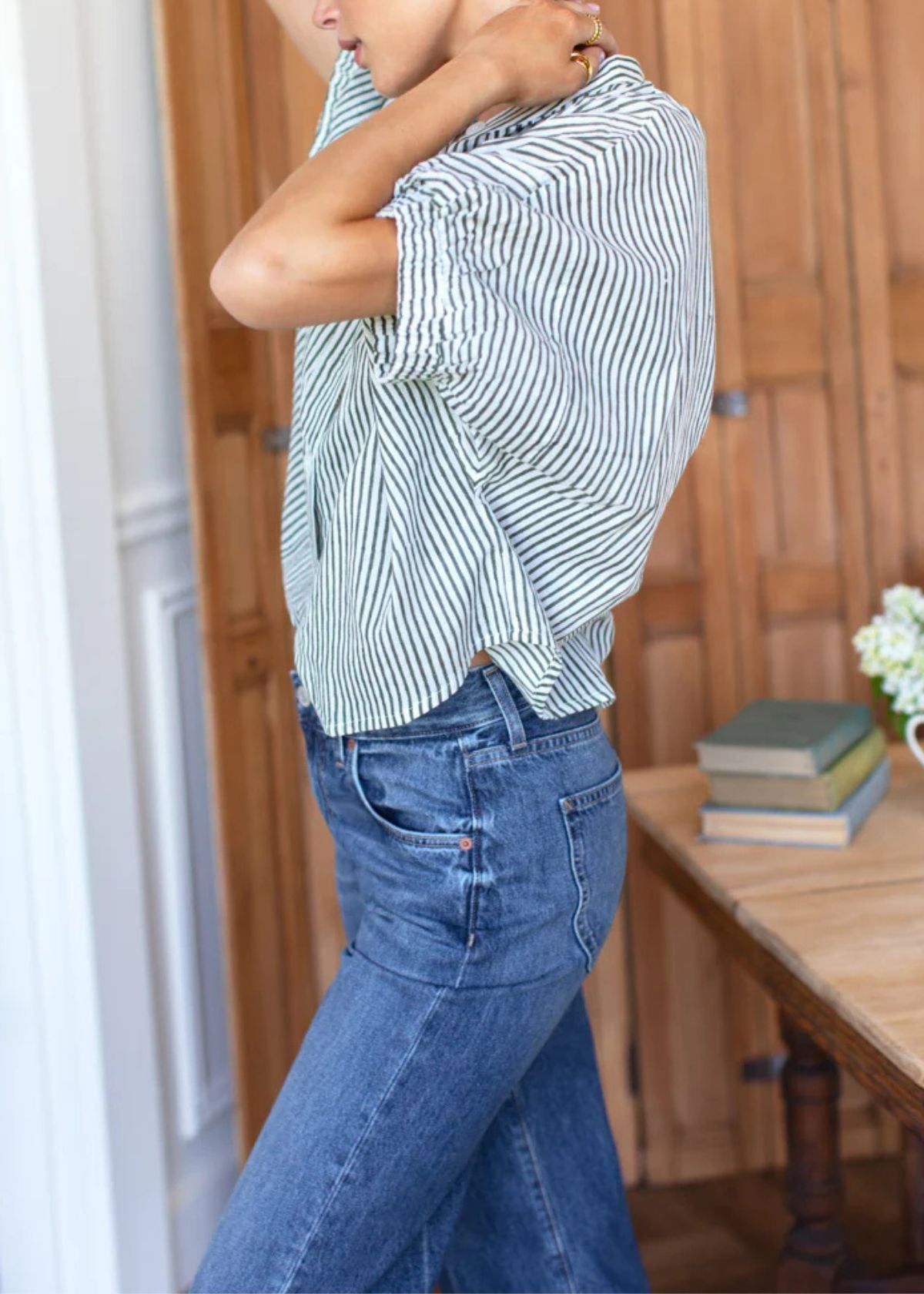 EMERSON FRY Mandarin Collar Top - Moss Stripe Organic