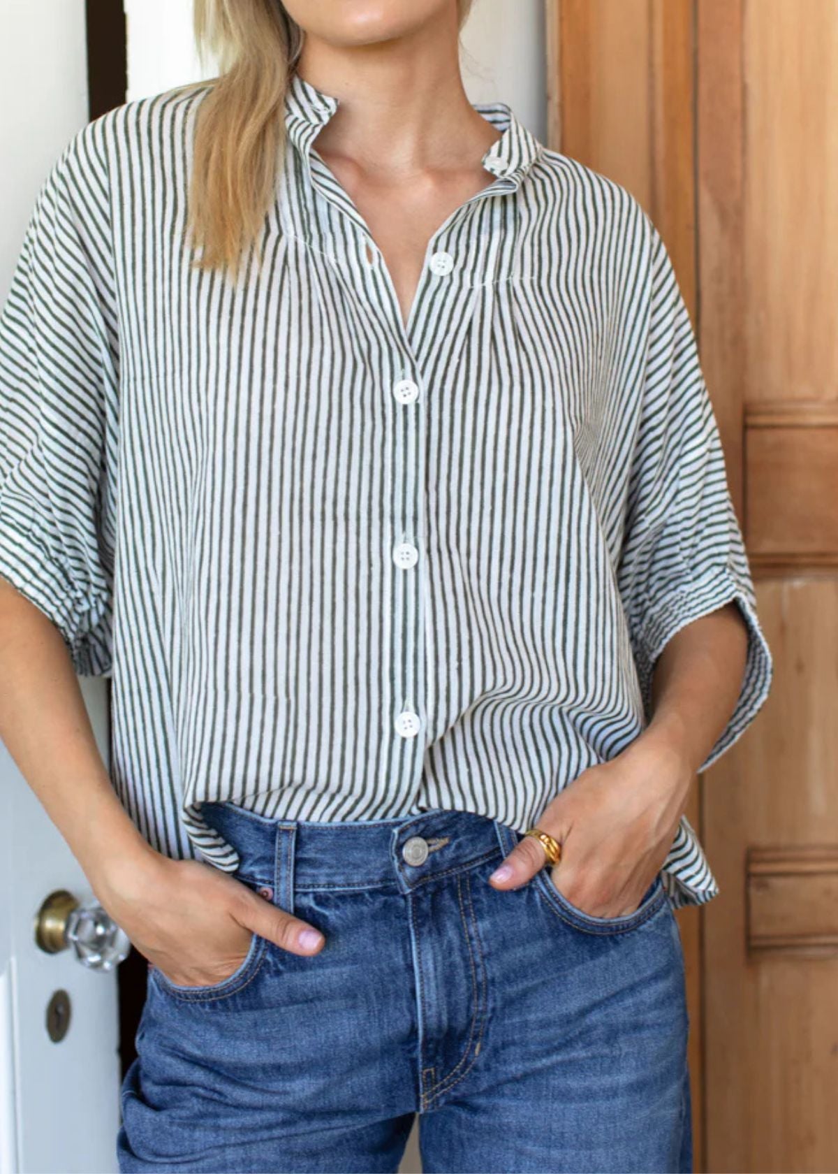 EMERSON FRY Mandarin Collar Top - Moss Stripe Organic