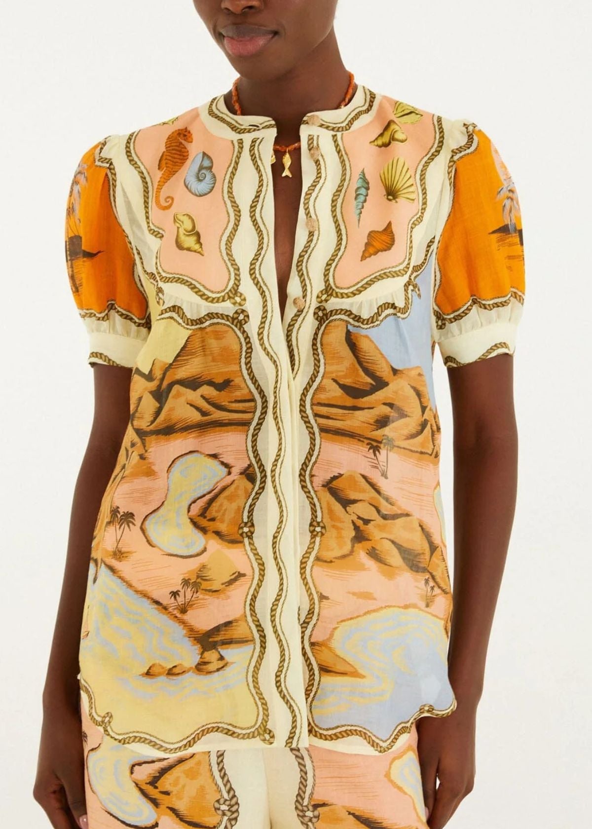 FARM RIO Puff Sleeve Top - Multicolor Rio Souvenir Scarves Print