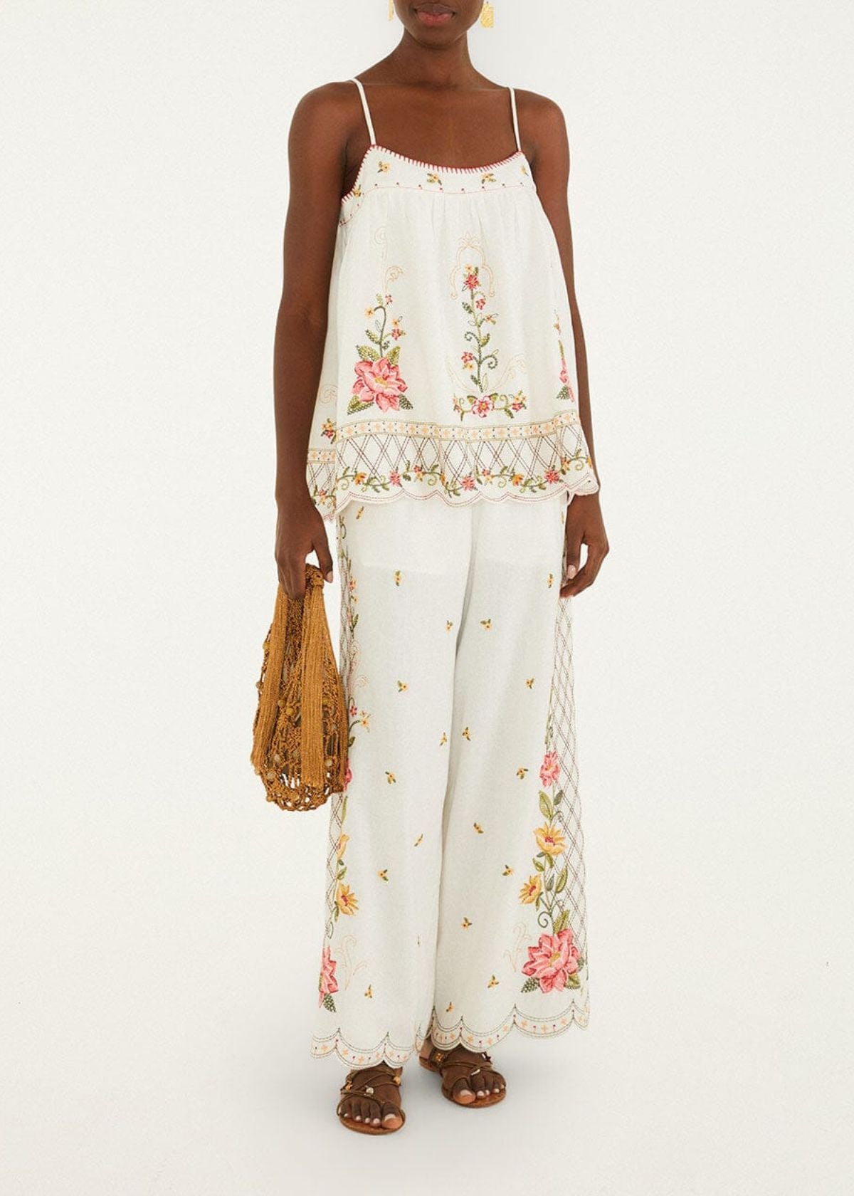 FARM RIO Flower Embroidery Open Back Top - Off White