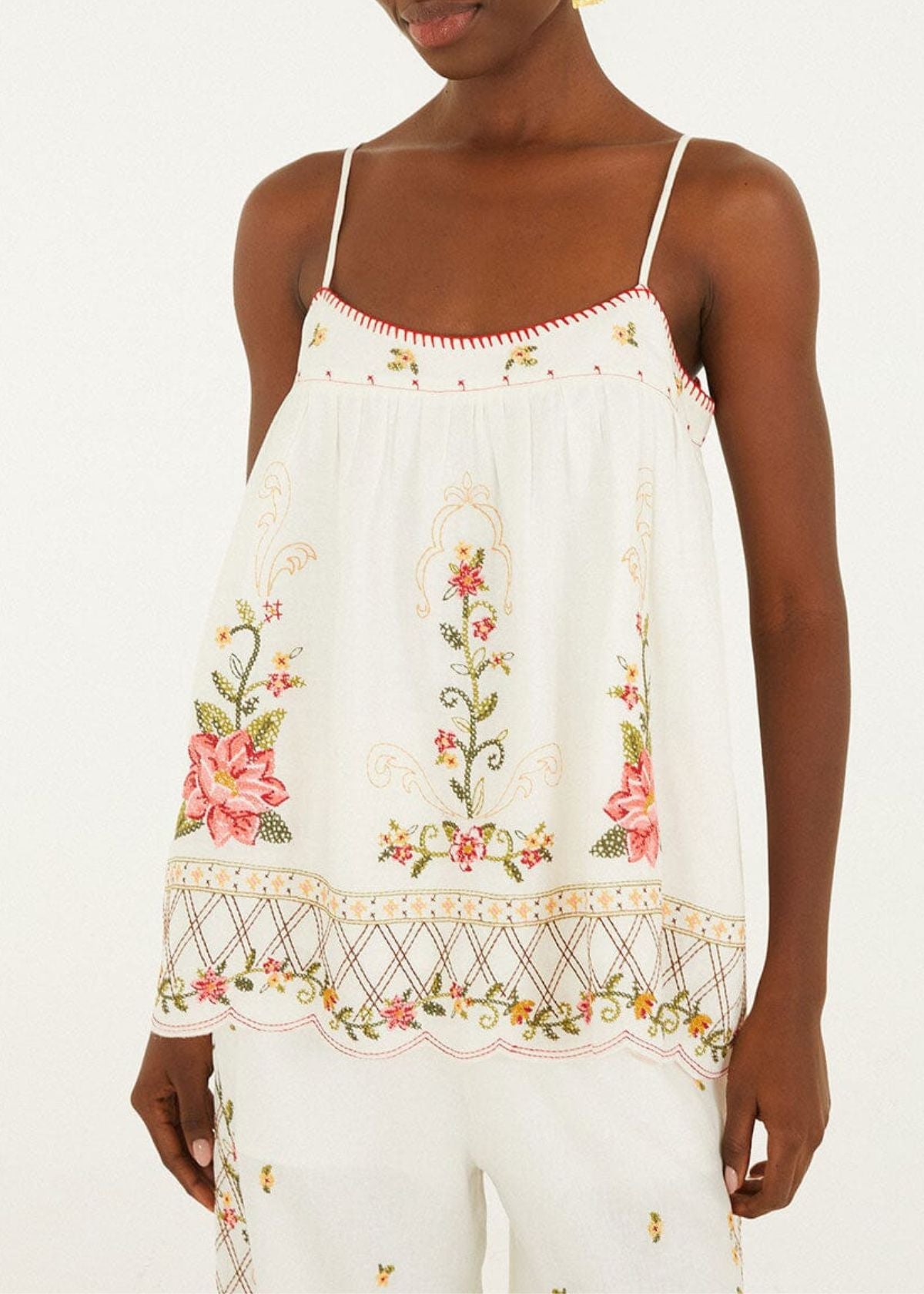 FARM RIO Flower Embroidery Open Back Top - Off White