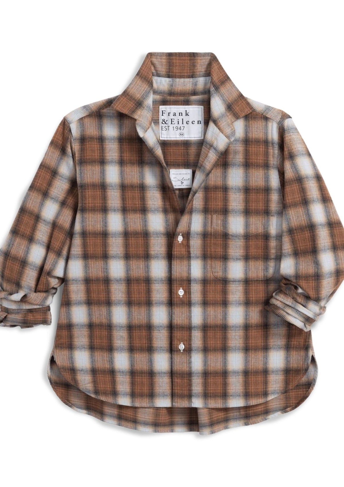 FRANK & EILEEN Silvio Untuckable Button Front Top - Brown Plaid Multi