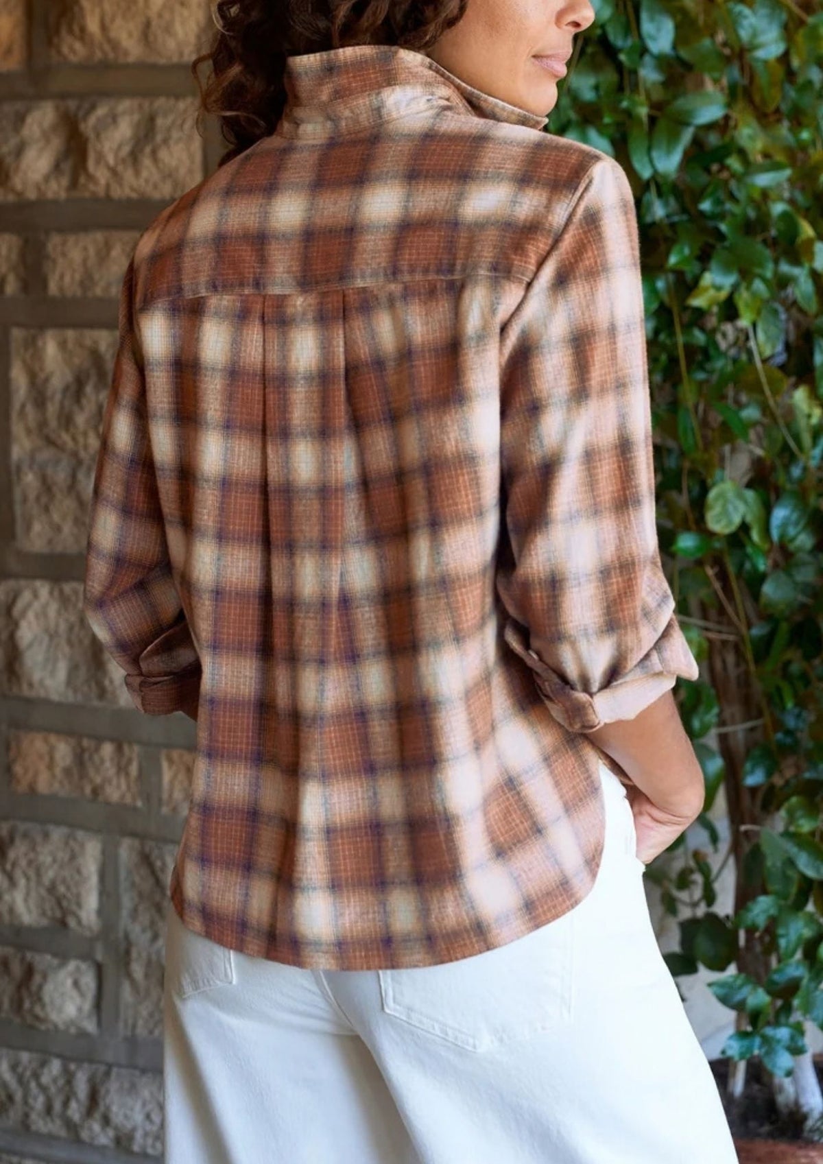 FRANK & EILEEN Silvio Untuckable Button Front Top - Brown Plaid Multi