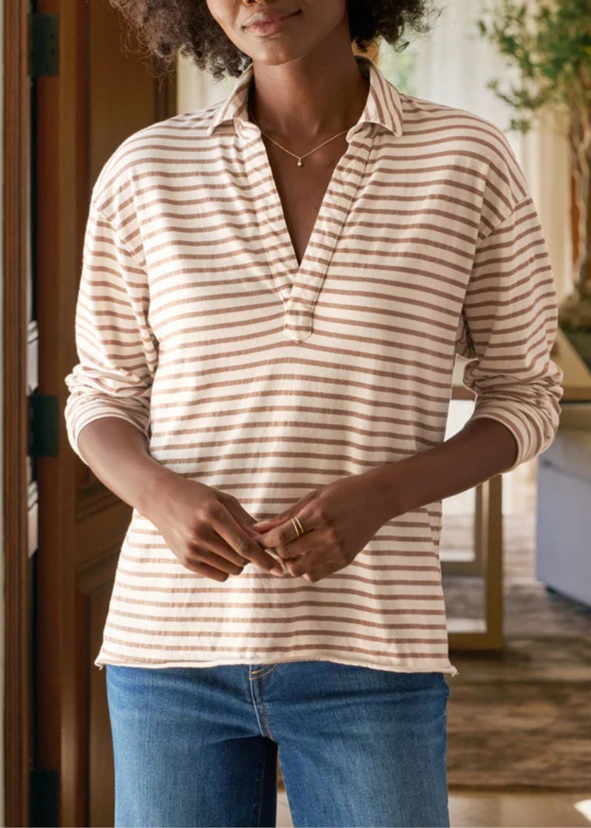 FRANK & EILEEN Patrick Popover Henley Top - Vintage White and Camel Stripe