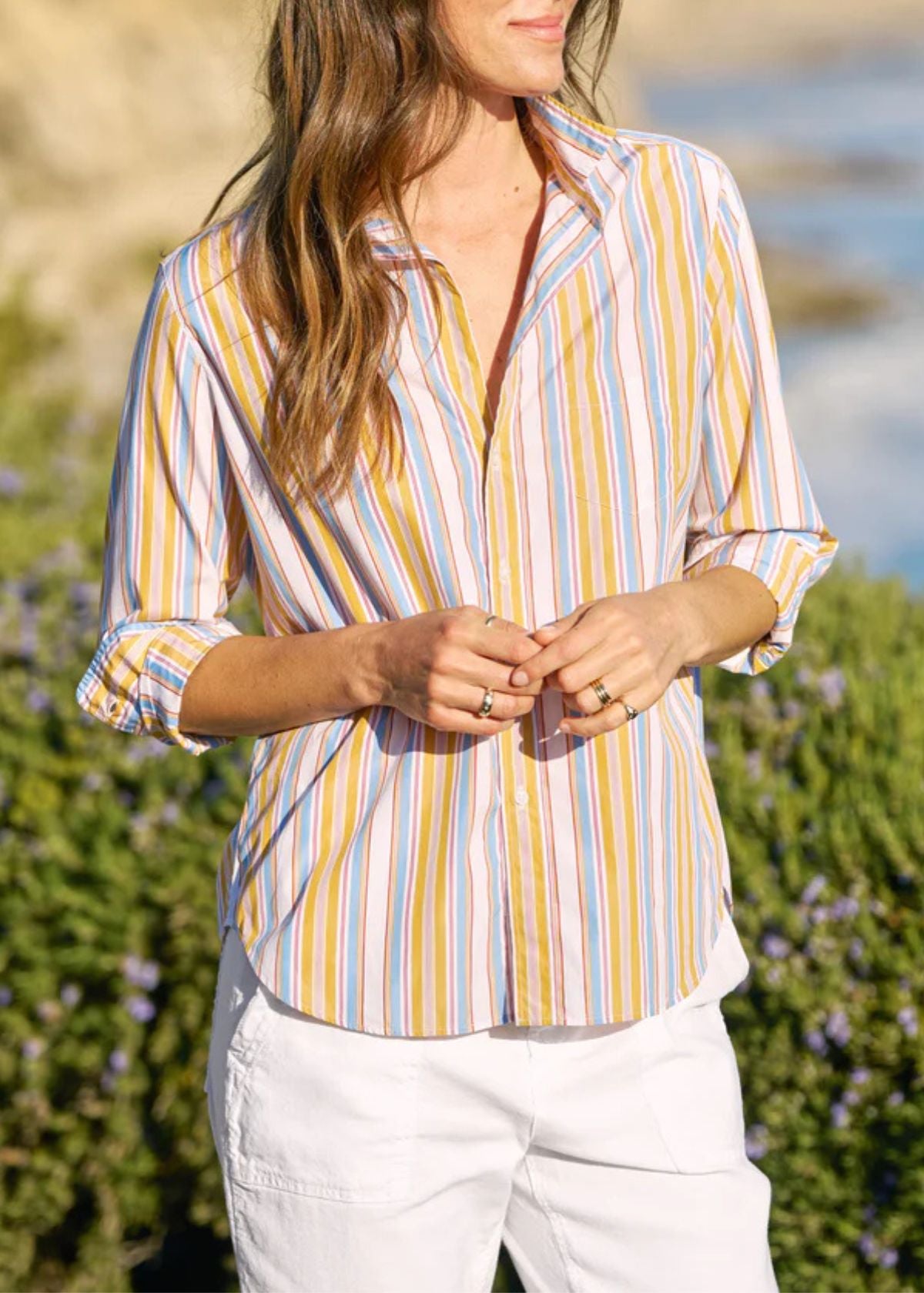 FRANK & EILEEN Eileen Top - Gold with Red and Blue Stripe
