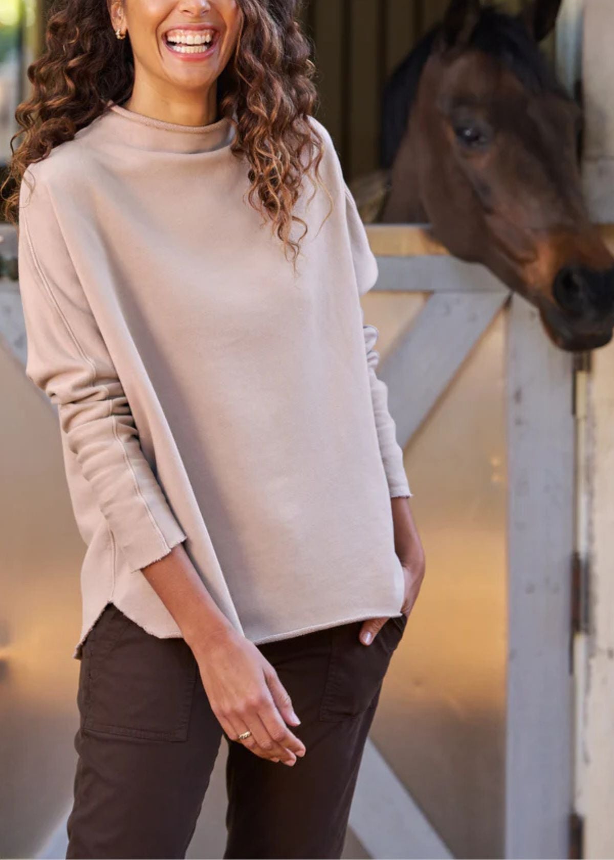 FRANK & EILEEN Effie Long Sleeve Funnel Neck Top - Biscotti