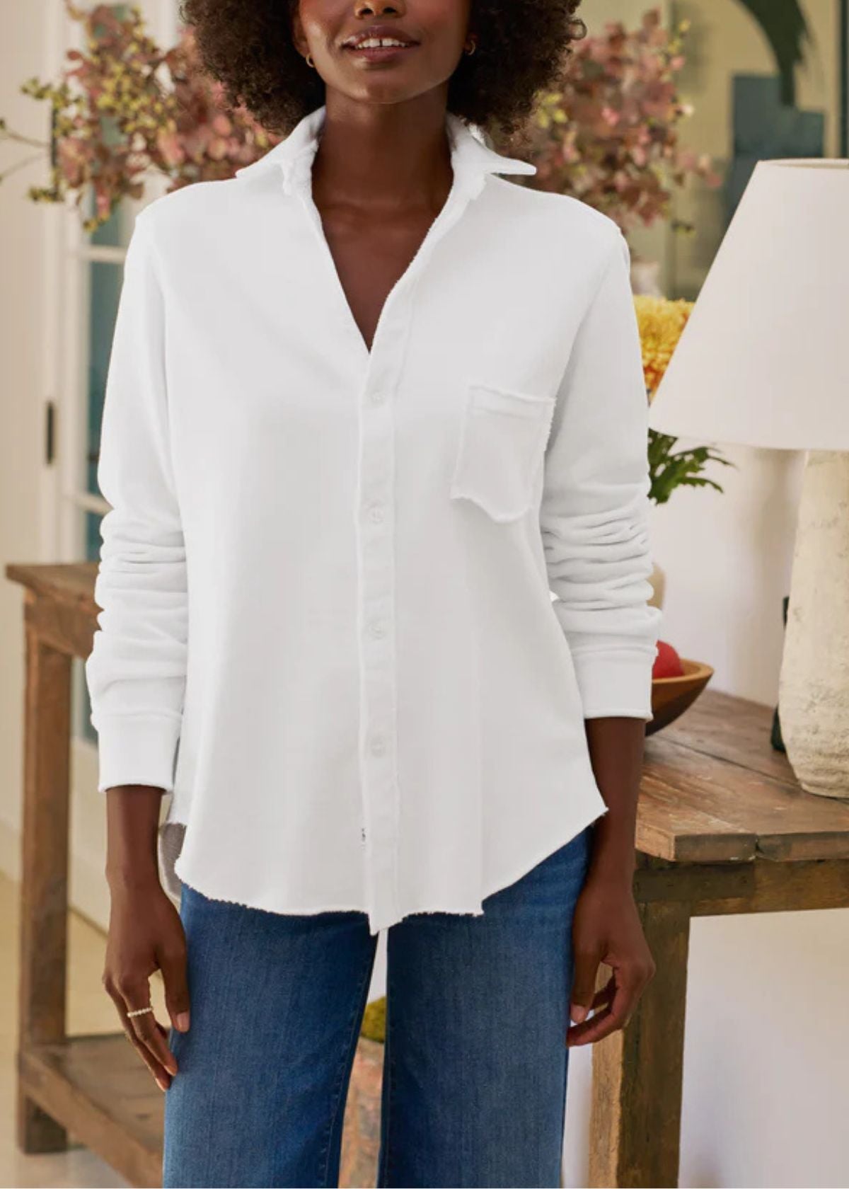 FRANK & EILEEN Eileen Relaxed Button Front Sweatshirt - White