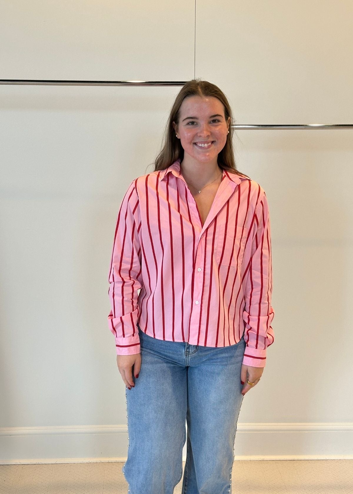 FRANK & EILEEN Silvio Button Front Top - Pink Red Stripe