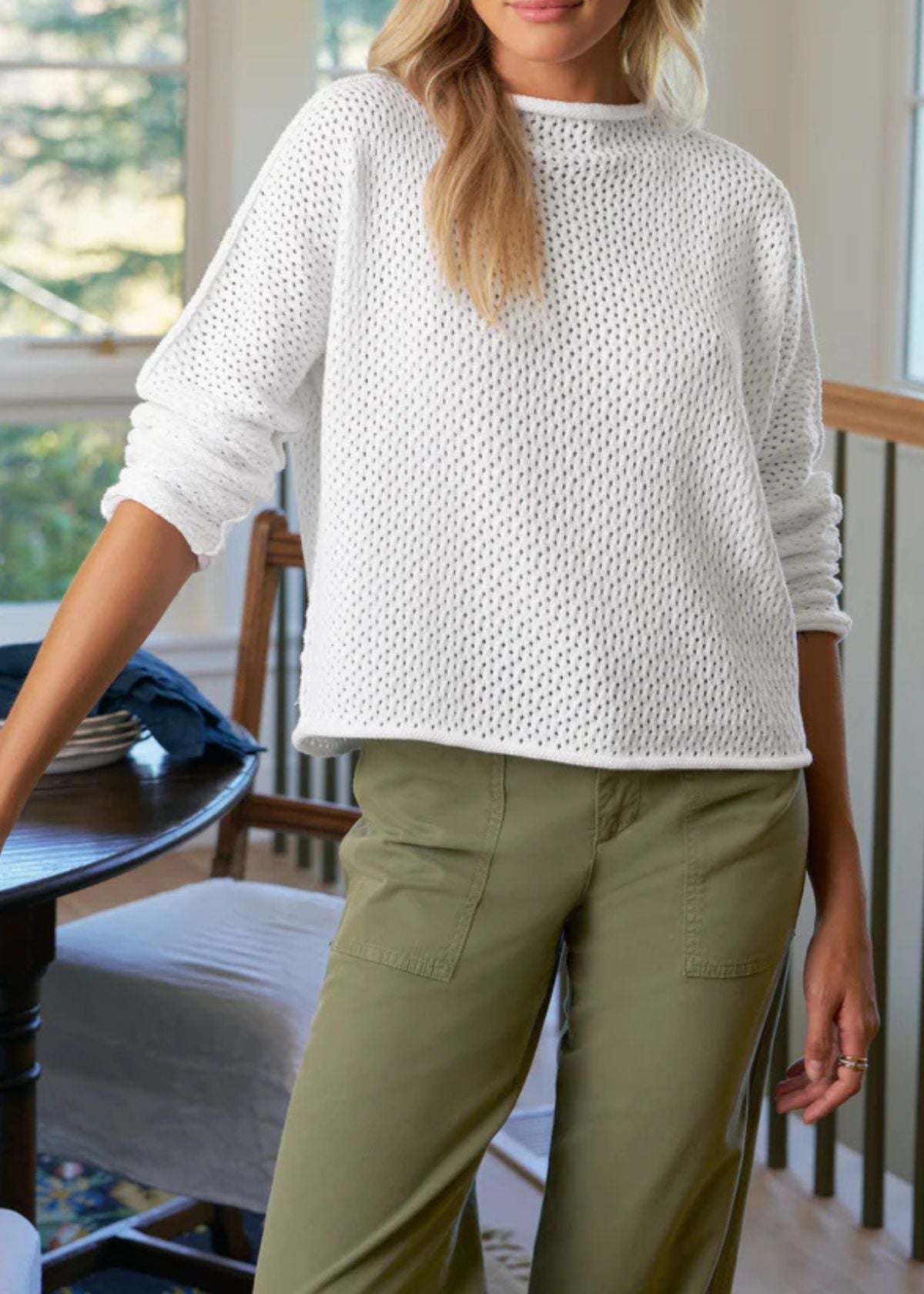 FRANK & EILEEN Monterey Pointelle Rolled Neck Sweater - White