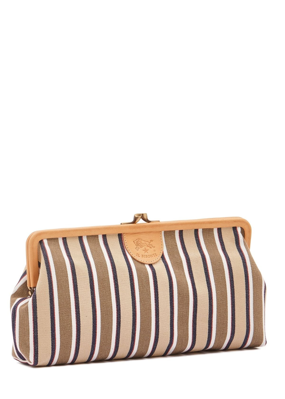 IL BISONTE Manuela Canvas and Leather Clutch Handbag - Beige Stripe