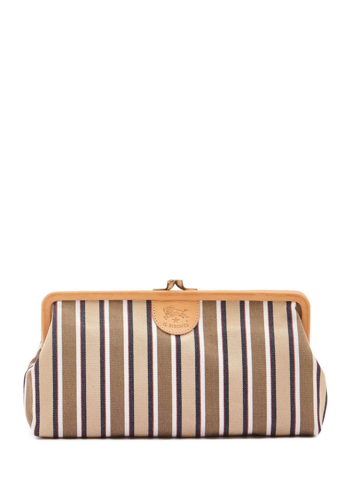 IL BISONTE Manuela Canvas and Leather Clutch Handbag - Beige Stripe