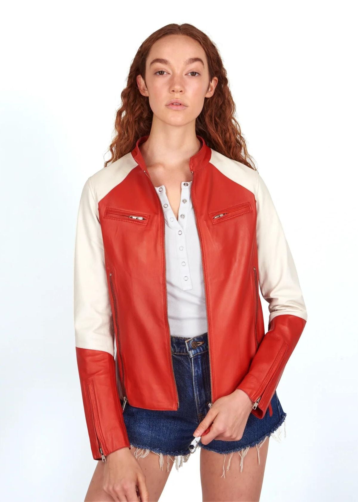 JAKETT Thea Washed Leather Jacket - Paprika & Off White