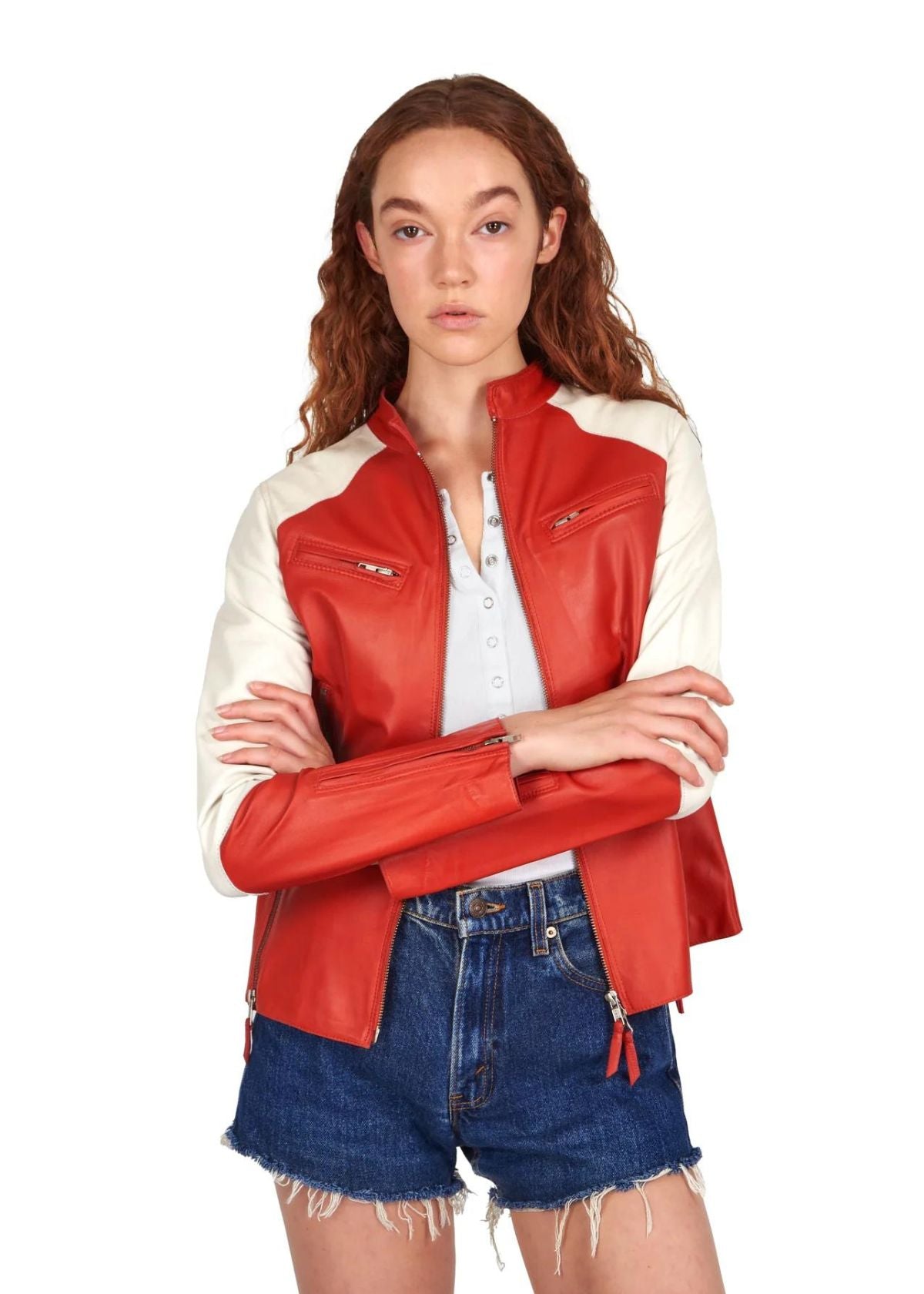 JAKETT Thea Washed Leather Jacket - Paprika & Off White