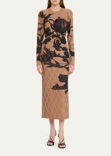 JASON WU COLLECTION Long Sleeve Print Placed Pleated Dress - Beige Black