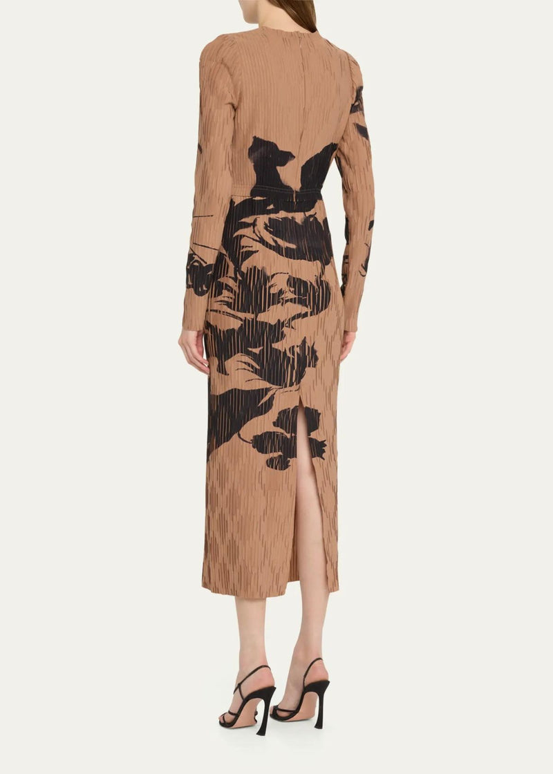 JASON WU COLLECTION Long Sleeve Print Placed Pleated Dress - Beige Black