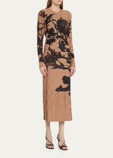JASON WU COLLECTION Long Sleeve Print Placed Pleated Dress - Beige Black