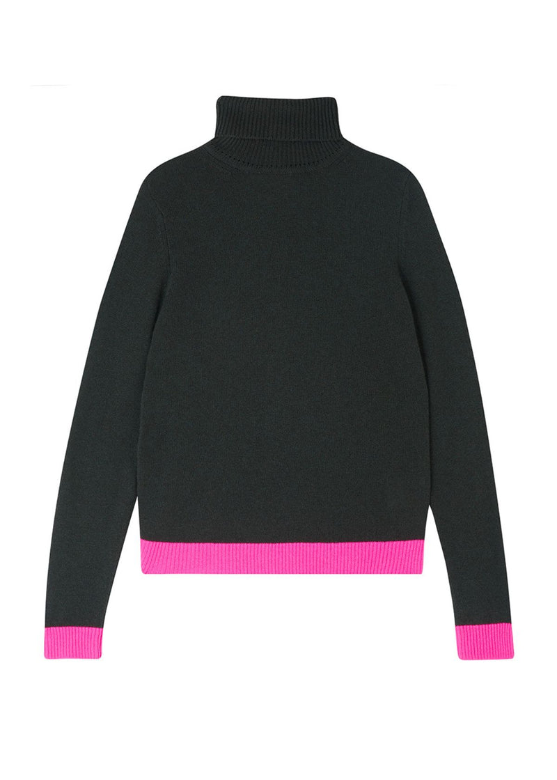 JUMPER 1234 Contrast Roll Collar Sweater - Dark Khaki with Hot Pink