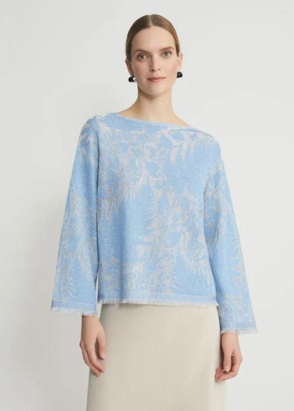 LAFAYETTE 148 Eco Floral Jacquard Finespun Voile Bateau Sweater - Sky Blue Multi