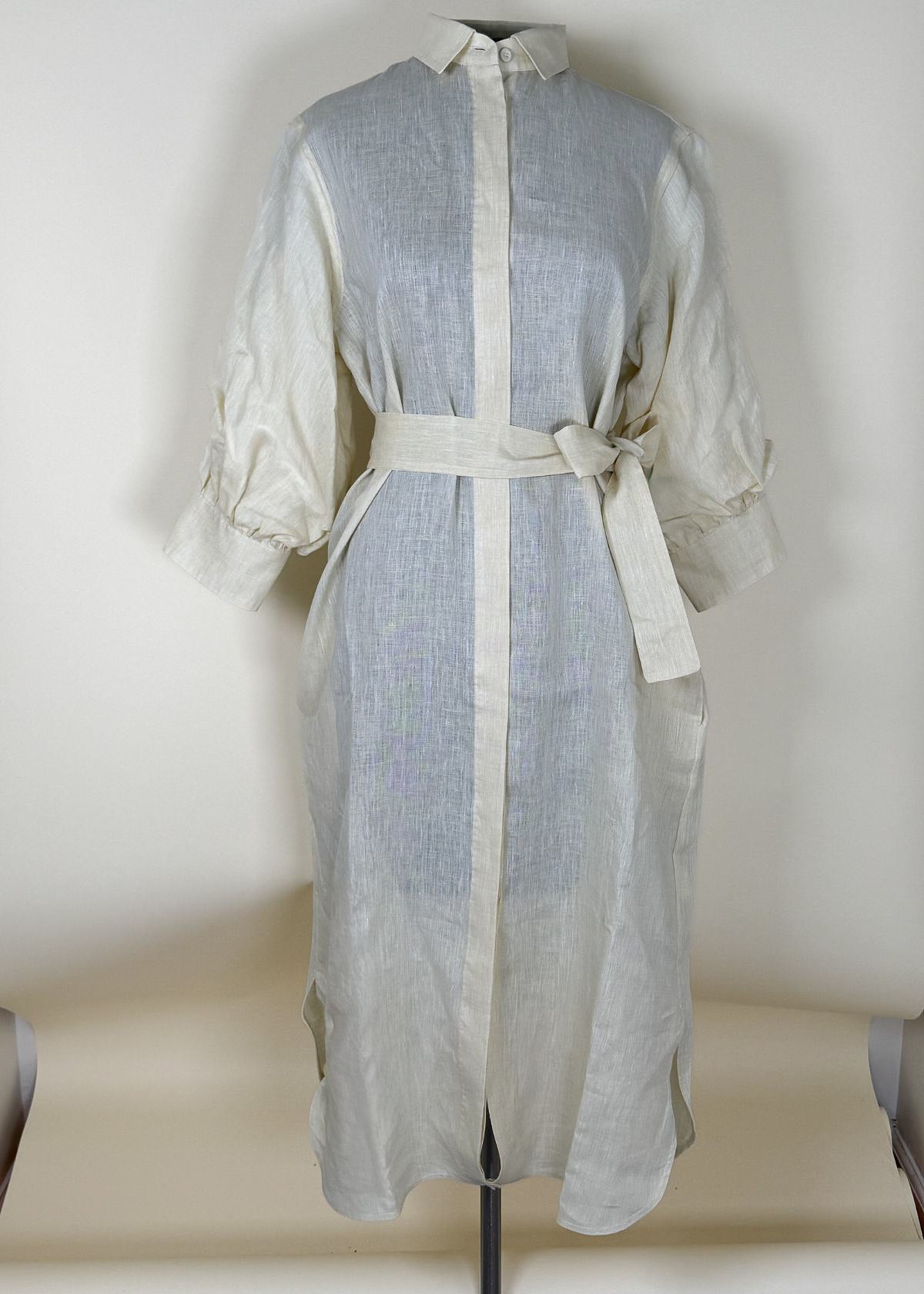 LE SARTE PETTEGOLE Linen Puff Sleeve Shirt Dress - Light Yellow