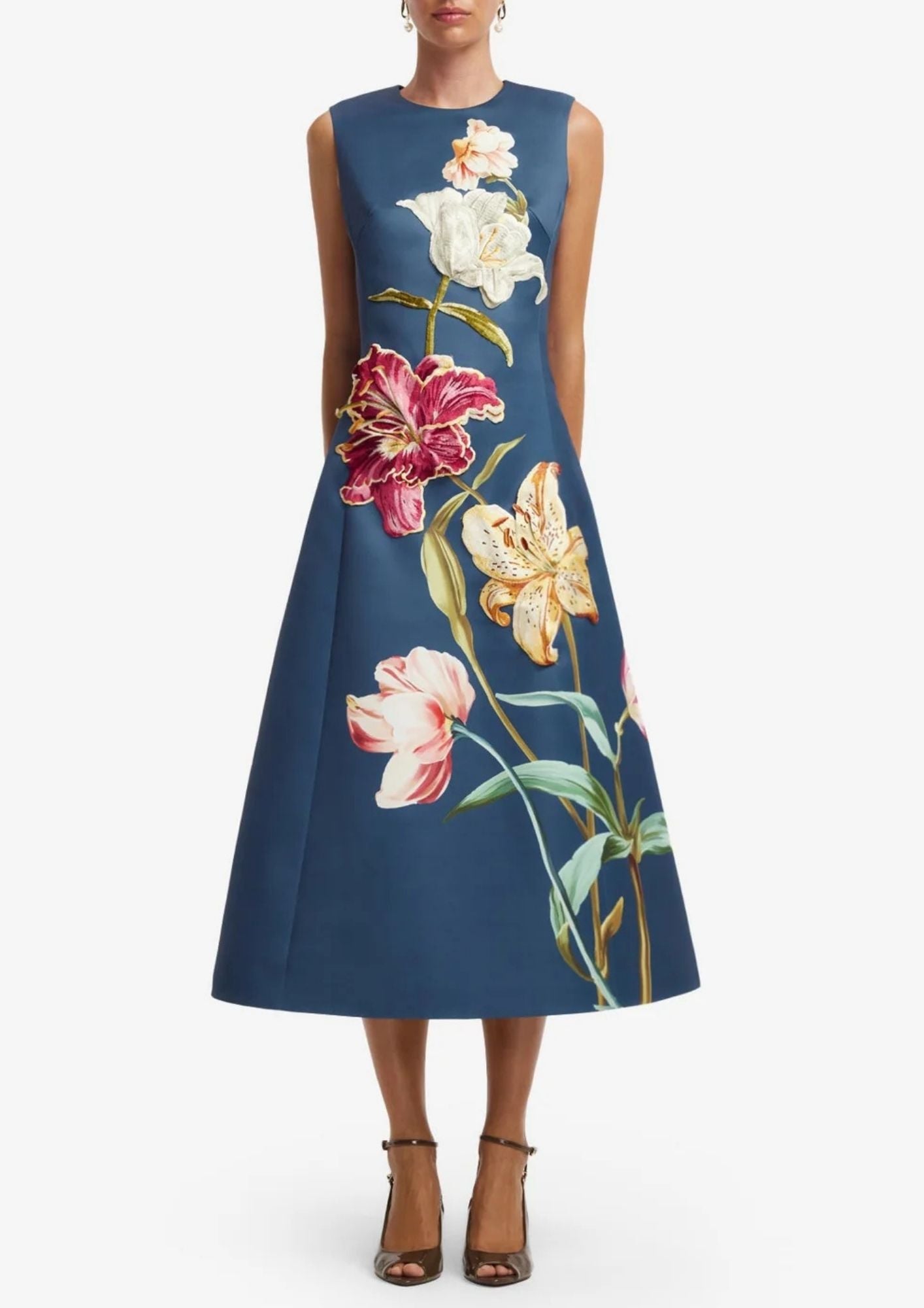 LEO LIN Cleo Embroidered Sleeveless Midi Dress - Lily Print in Indigo