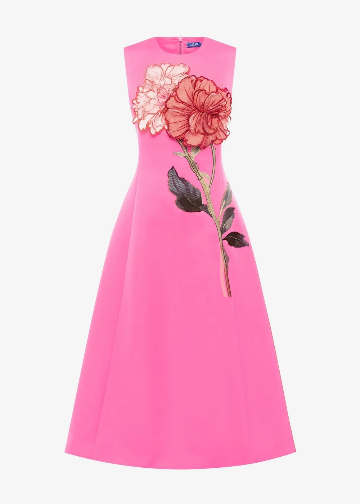 LEO LIN Cleo Appliqué Sleeveless Midi Dress - Peony Print in Fuchsia