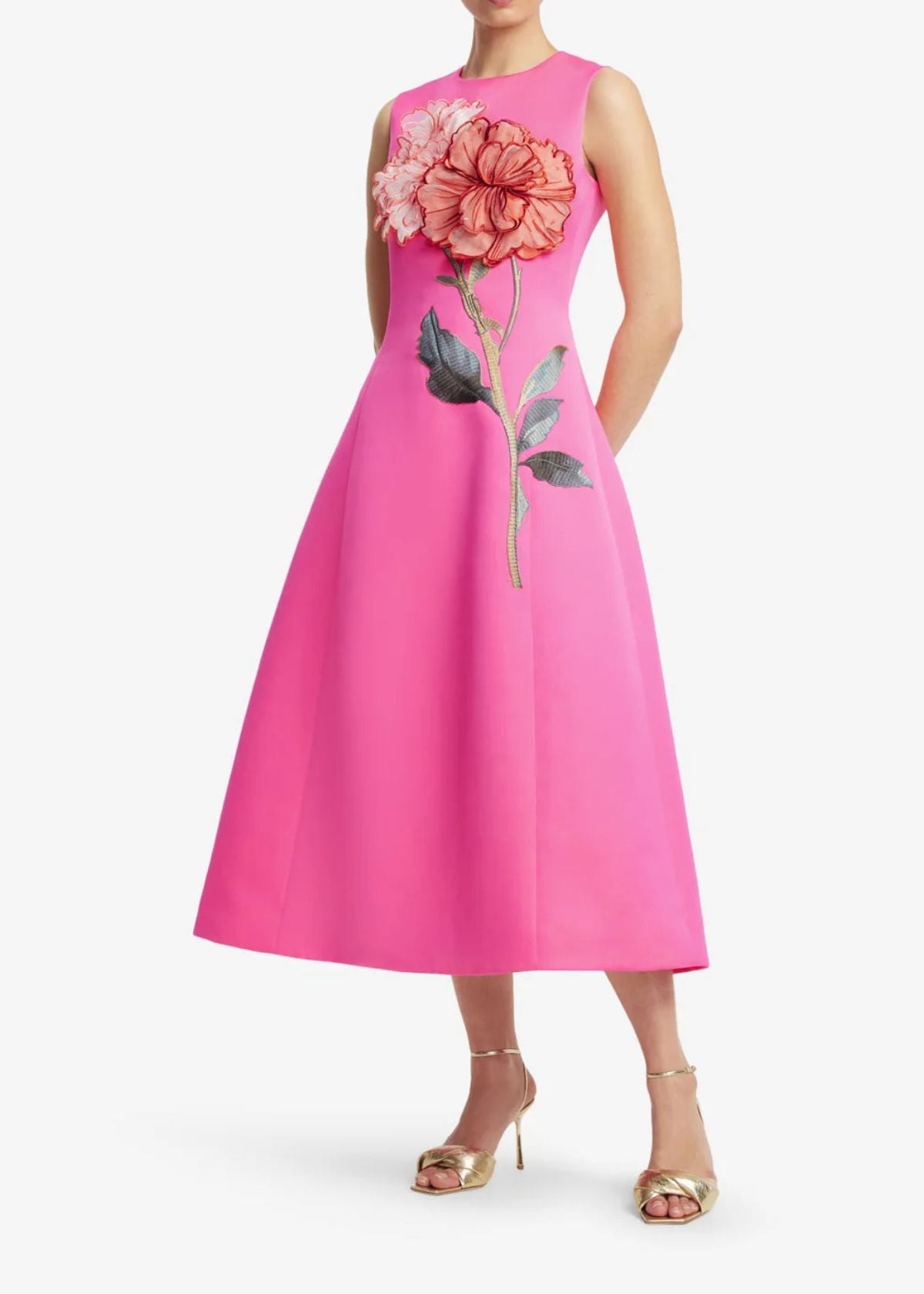 LEO LIN Cleo Appliqué Sleeveless Midi Dress - Peony Print in Fuchsia