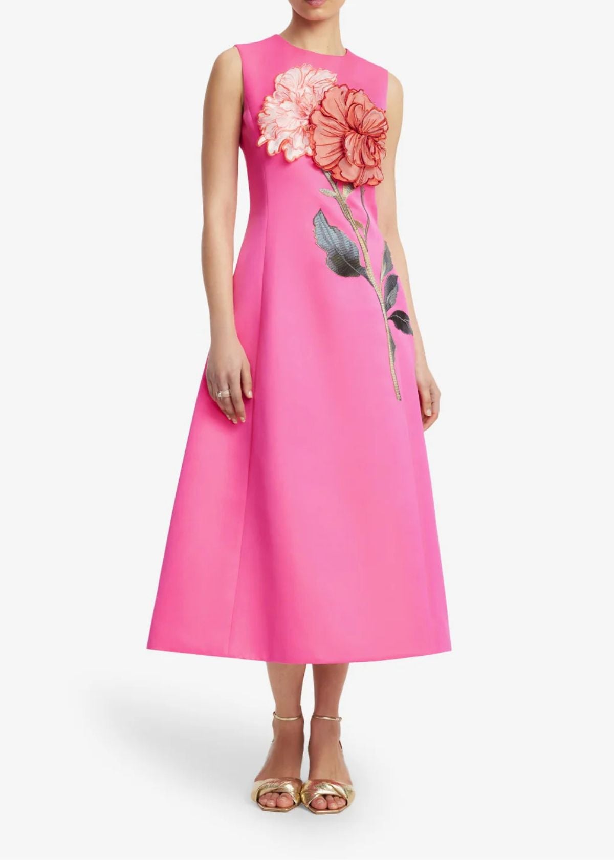 LEO LIN Cleo Appliqué Sleeveless Midi Dress - Peony Print in Fuchsia