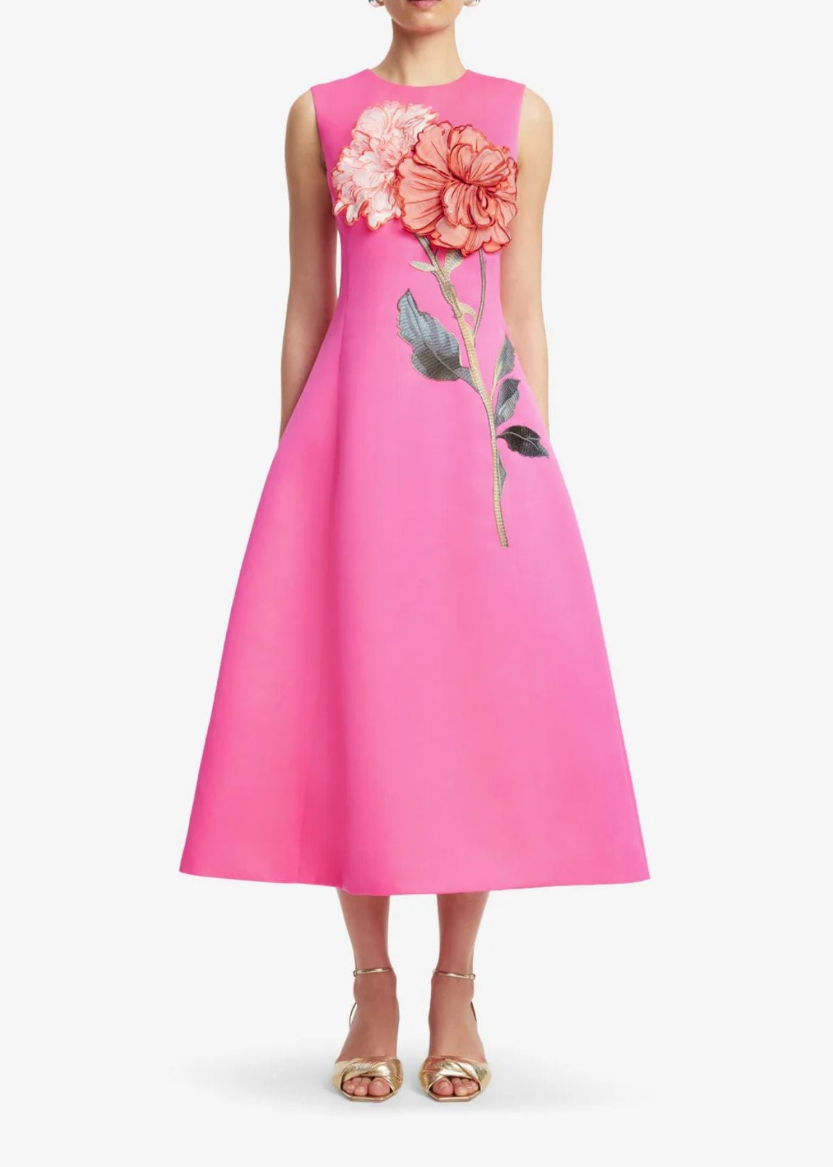 LEO LIN Cleo Appliqué Sleeveless Midi Dress - Peony Print in Fuchsia