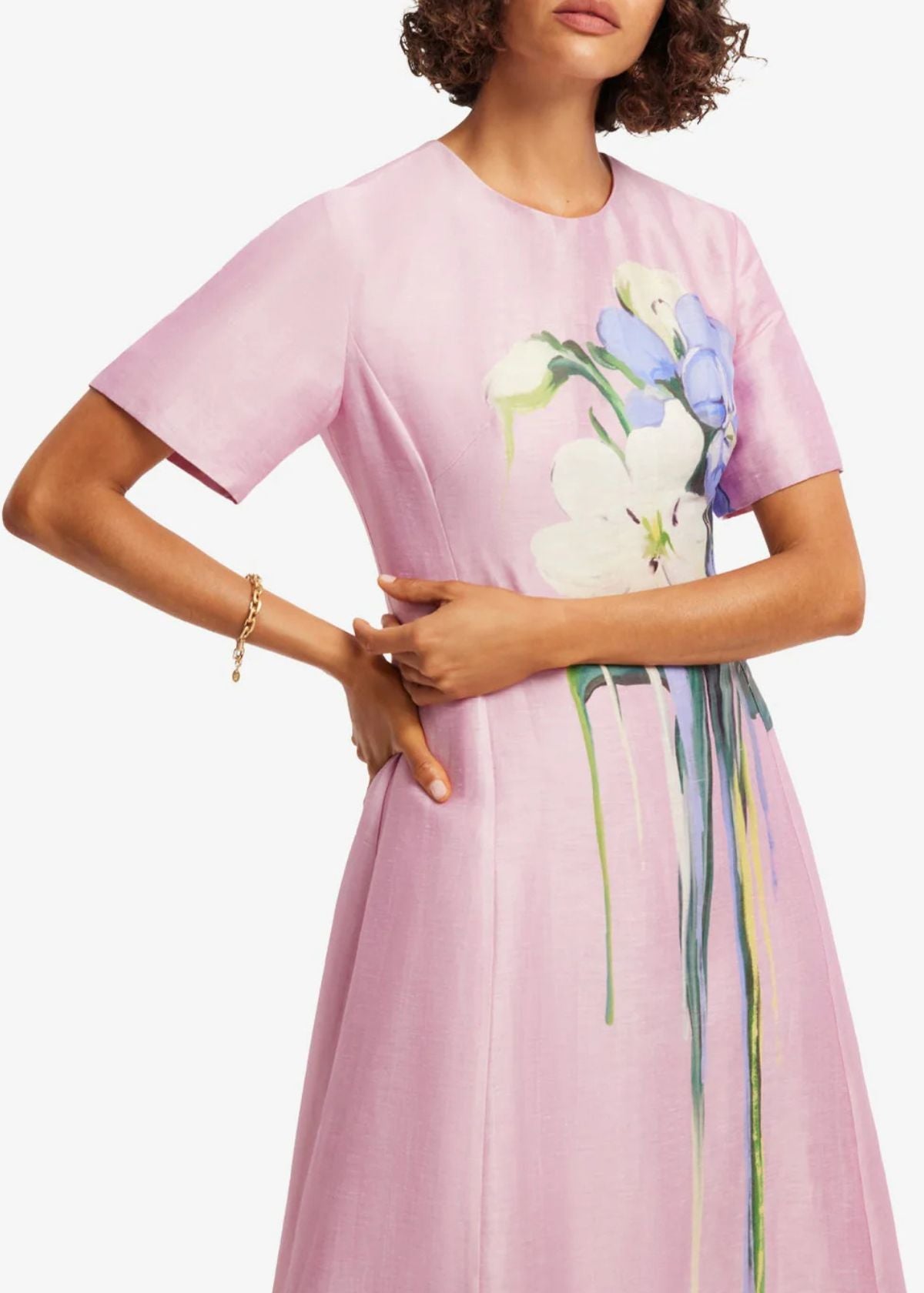 LEO LIN Caroline Short Sleeve Midi Dress - Bouquet Print in Pink
