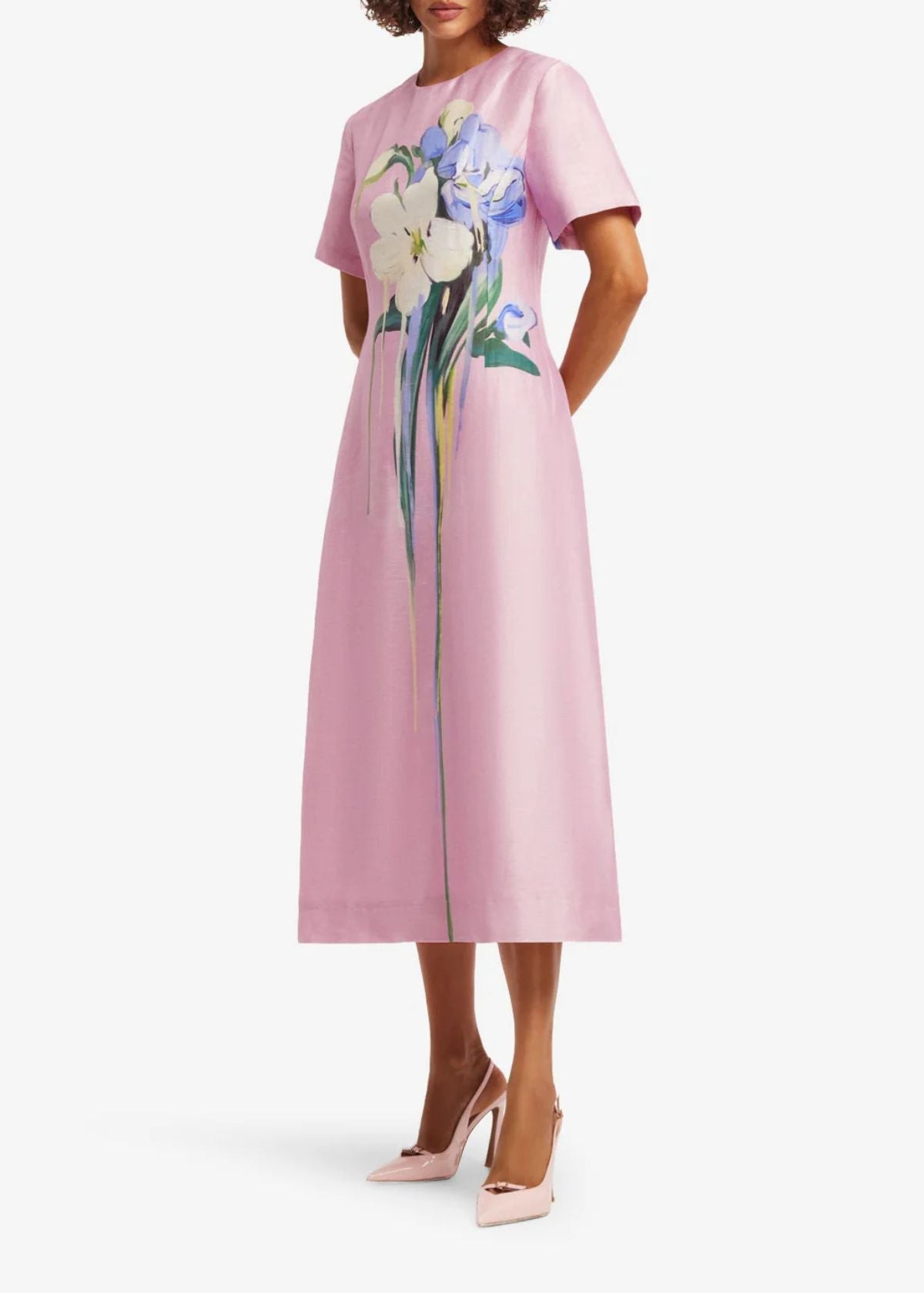 LEO LIN Caroline Short Sleeve Midi Dress - Bouquet Print in Pink
