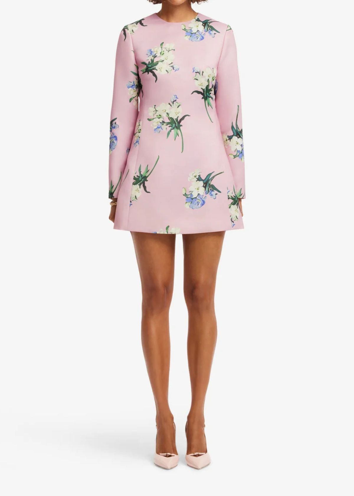 LEO LIN Aliza Long Sleeve Mini Dress - Bouquet Print in Pastel. Pink