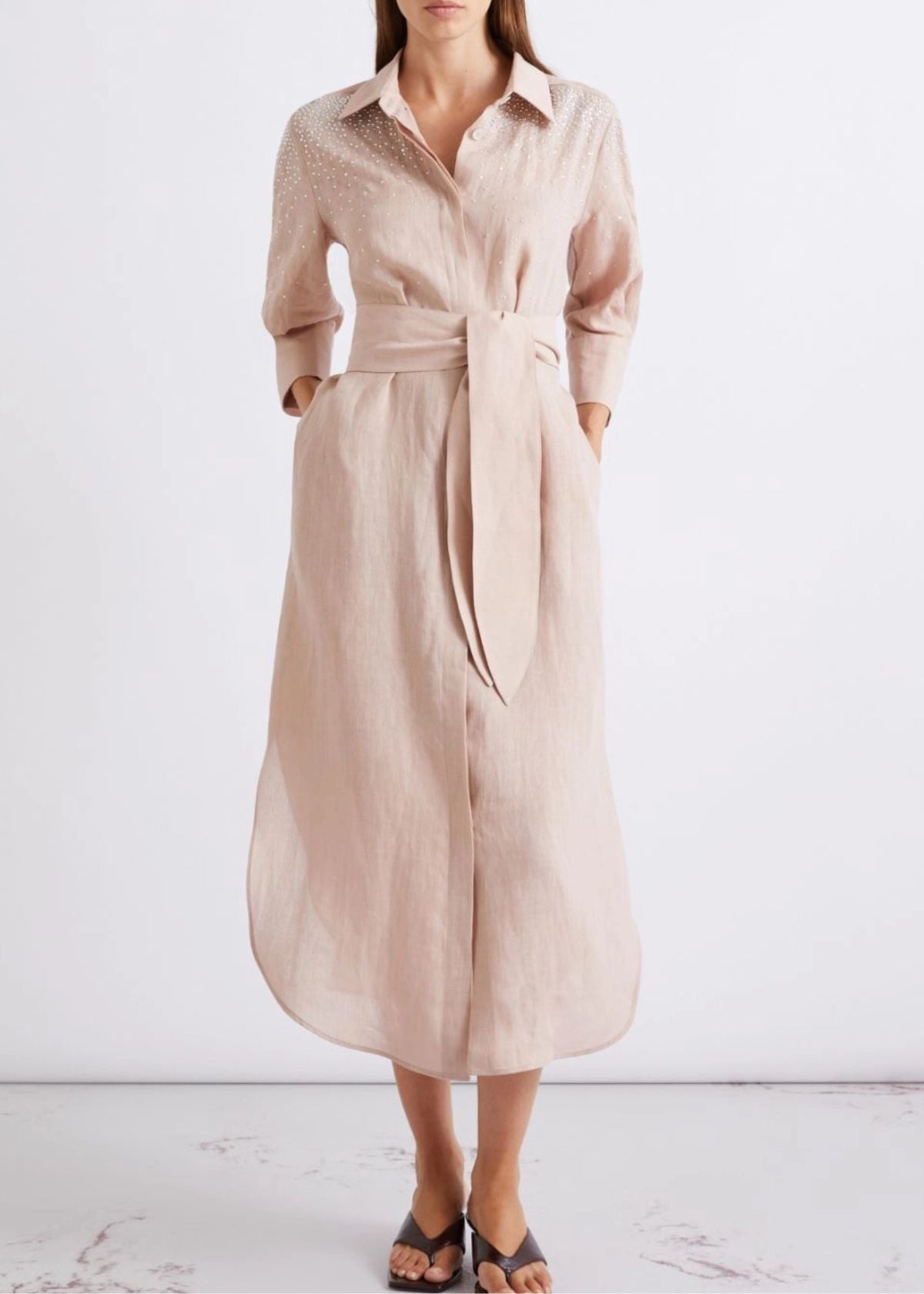 MARELLA Rhinestone Linen Shirt Dress - Powder