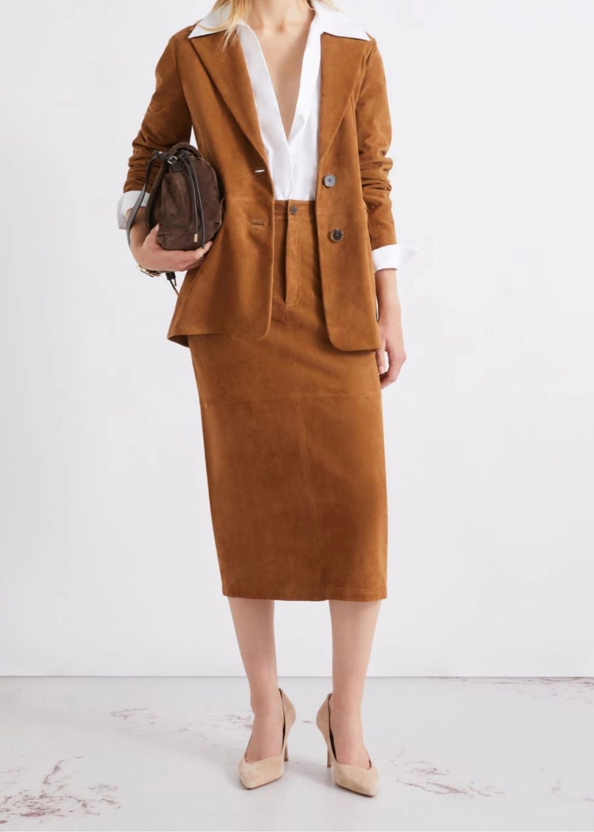 MARELLA Straight Fit Suede Skirt - Camel