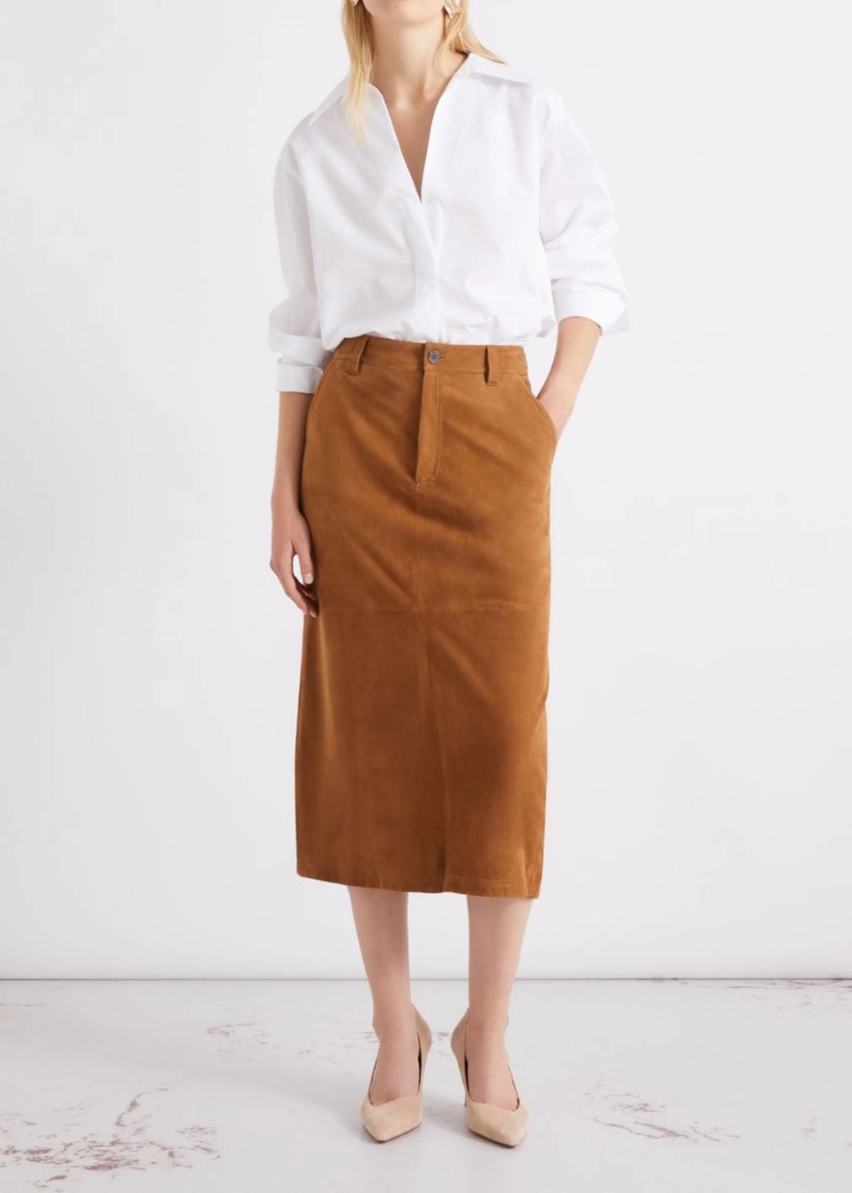 MARELLA Straight Fit Suede Skirt - Camel