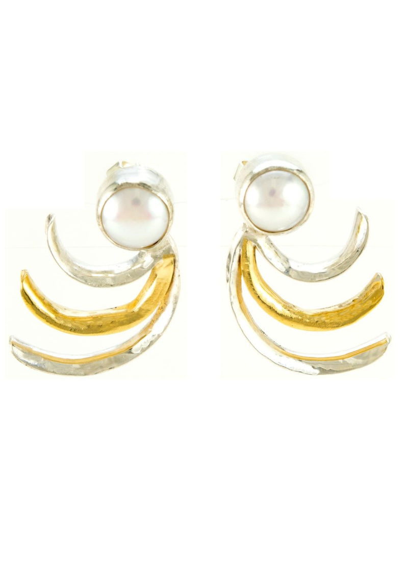 MARGARET ELLIS Pearl Triple Quote Earring - Bright Silver and Bronze