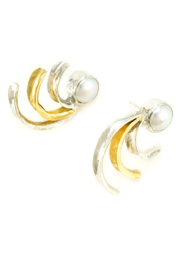MARGARET ELLIS Pearl Triple Quote Earring - Bright Silver and Bronze