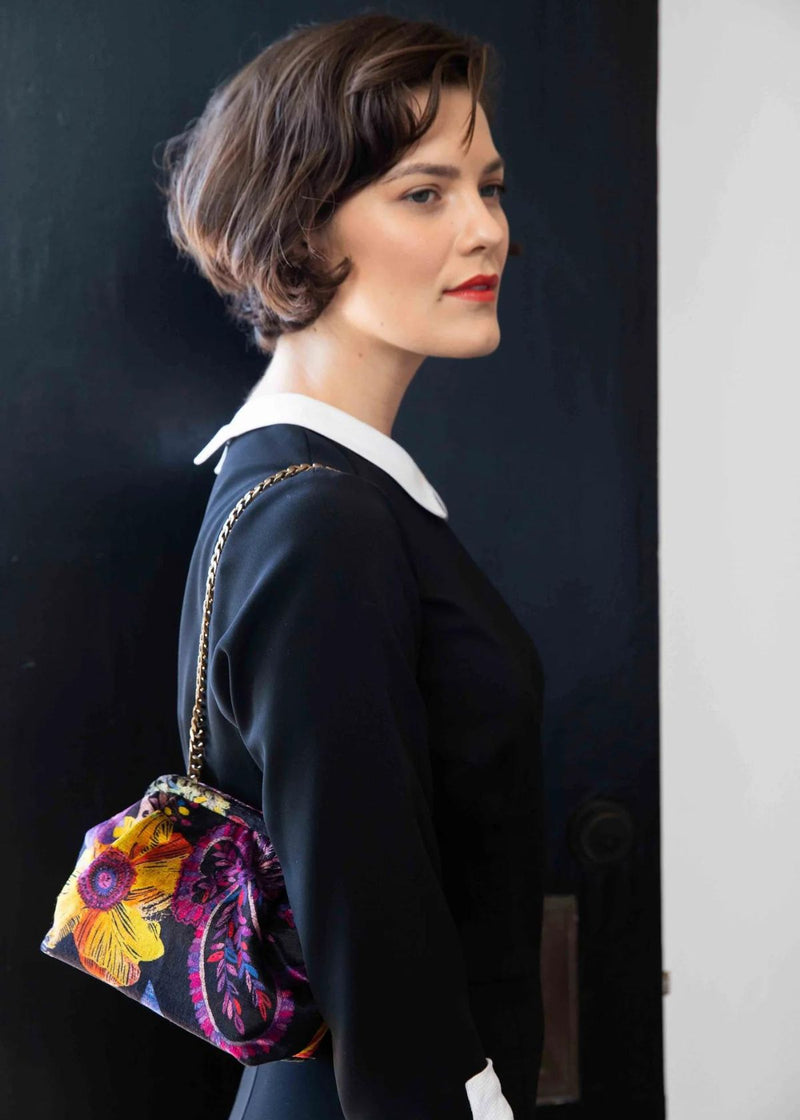 MARIAN PAQUETTE Susan Printed Velvet Clutch Handbag - Black Rose