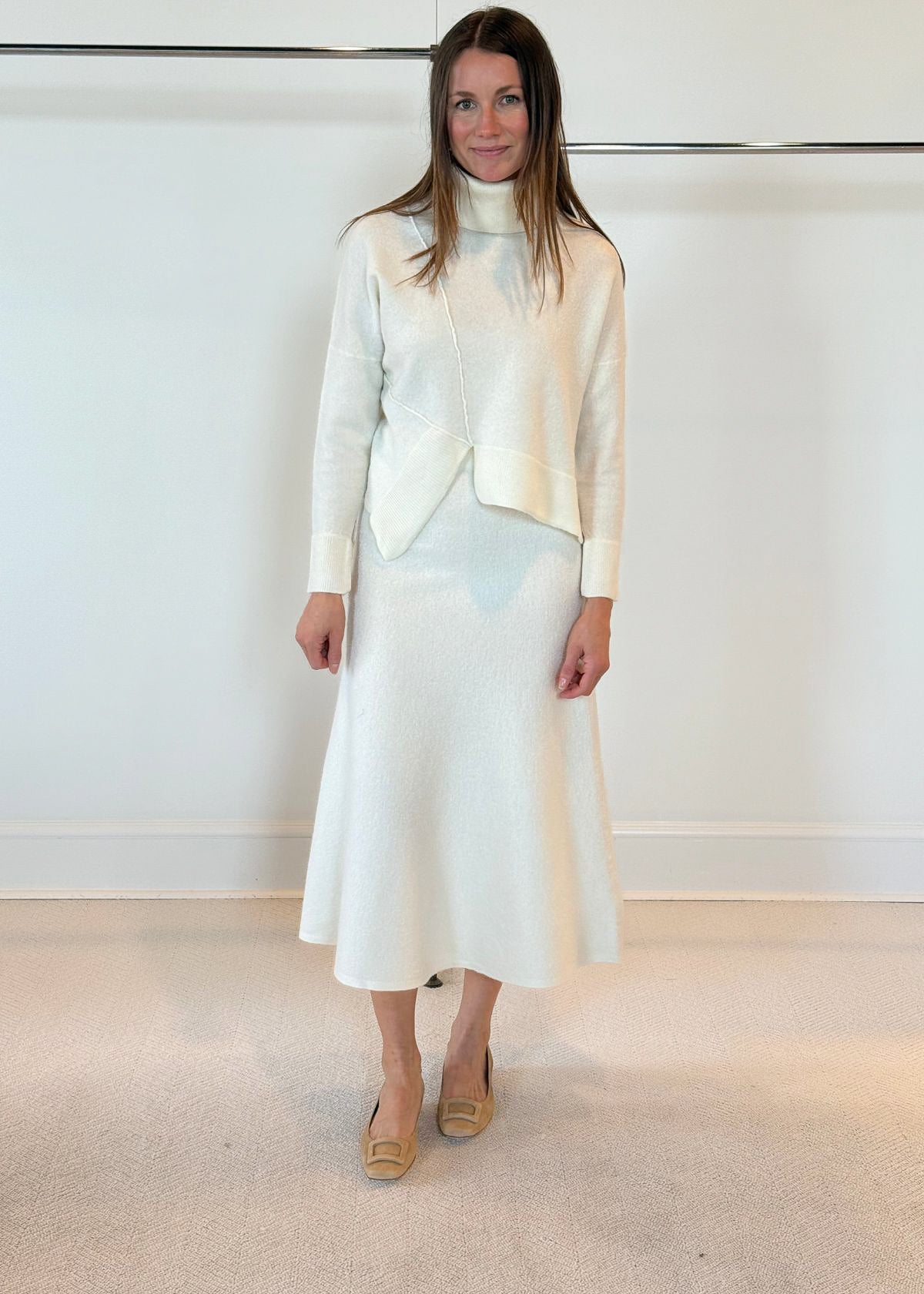 asymmetical hem off white wool long sleeve turtleneck sweater