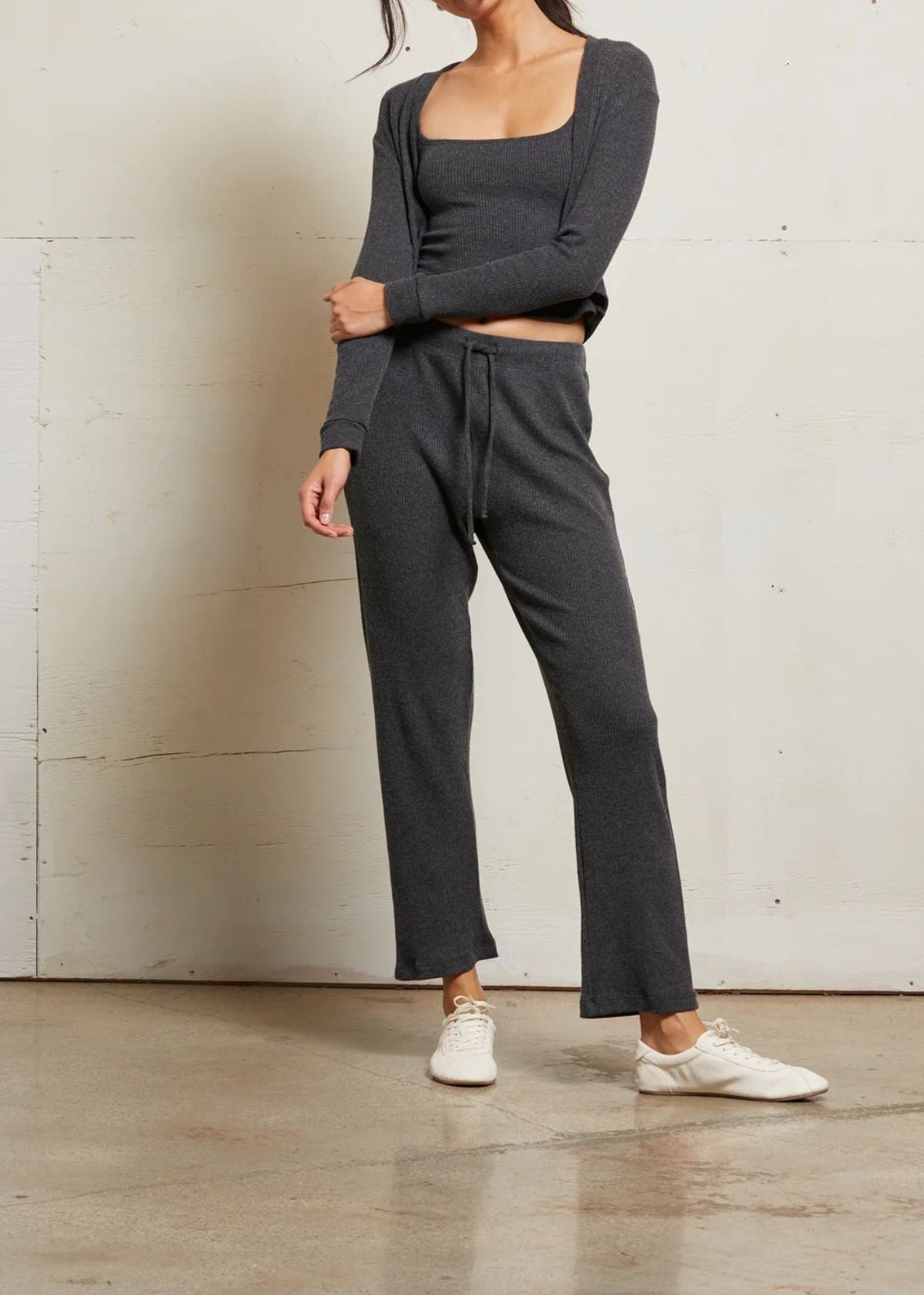 PERFECT WHITE TEE Kelsey Ribbed Cardigan - Charcoal