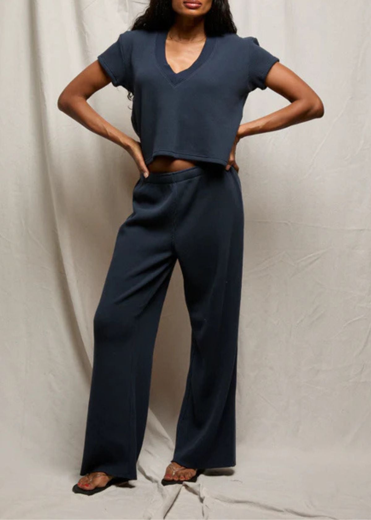 PERFECT WHITE TEE Jada Waffle Boxy V-Neck Top - Navy