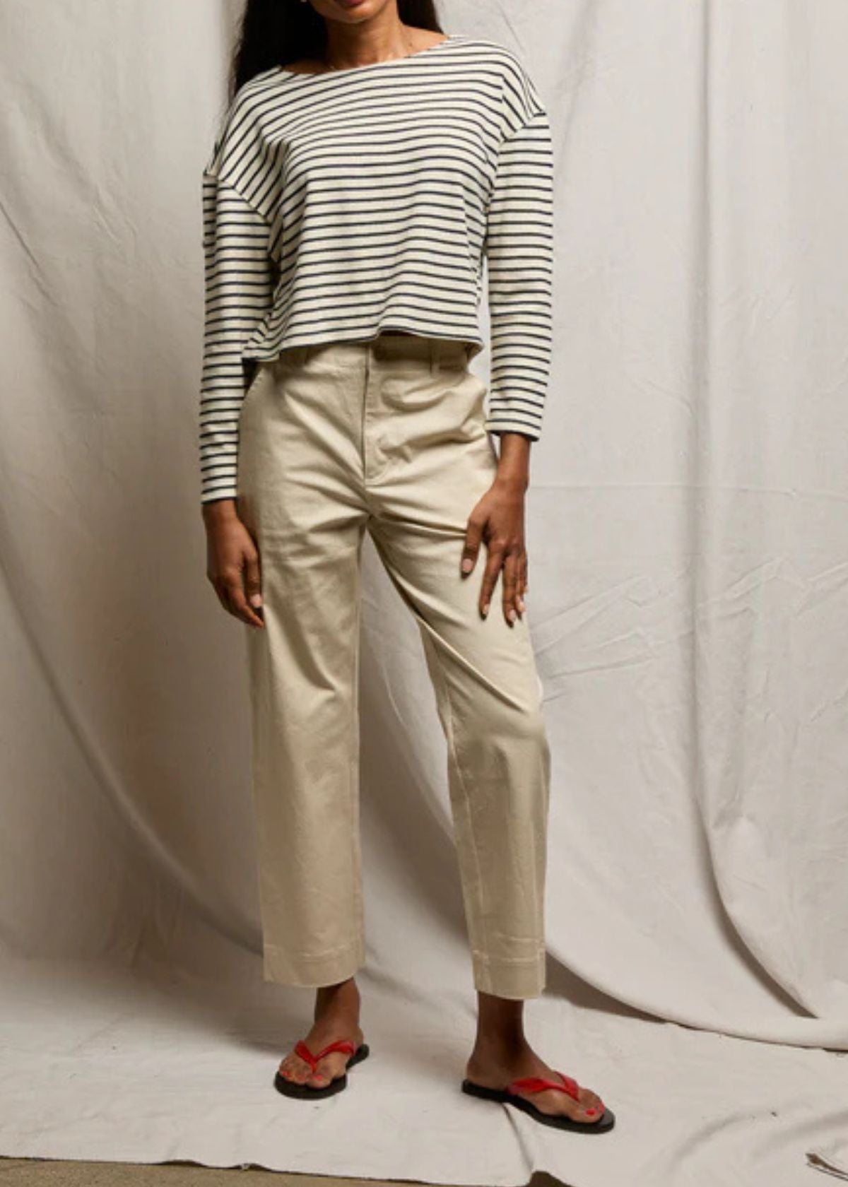 PERFECT WHITE TEE Taylor Recycled Cotton Brushed Striped Top - Sugar Navy Stripe